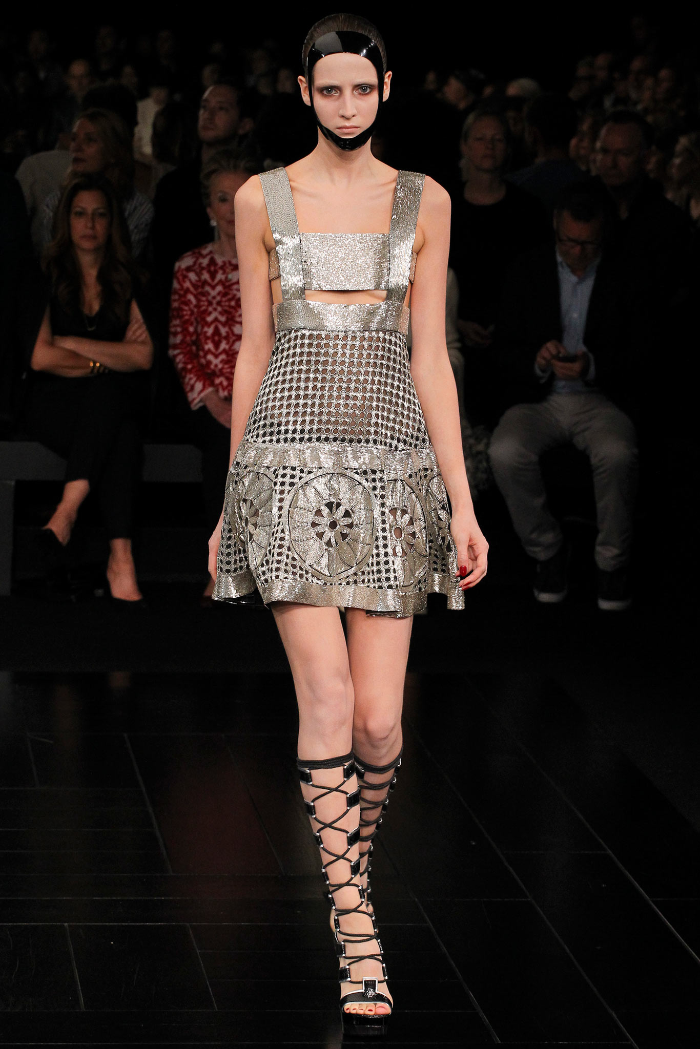 gray metallic sleeveless square-neck fitted pleated embellished dress