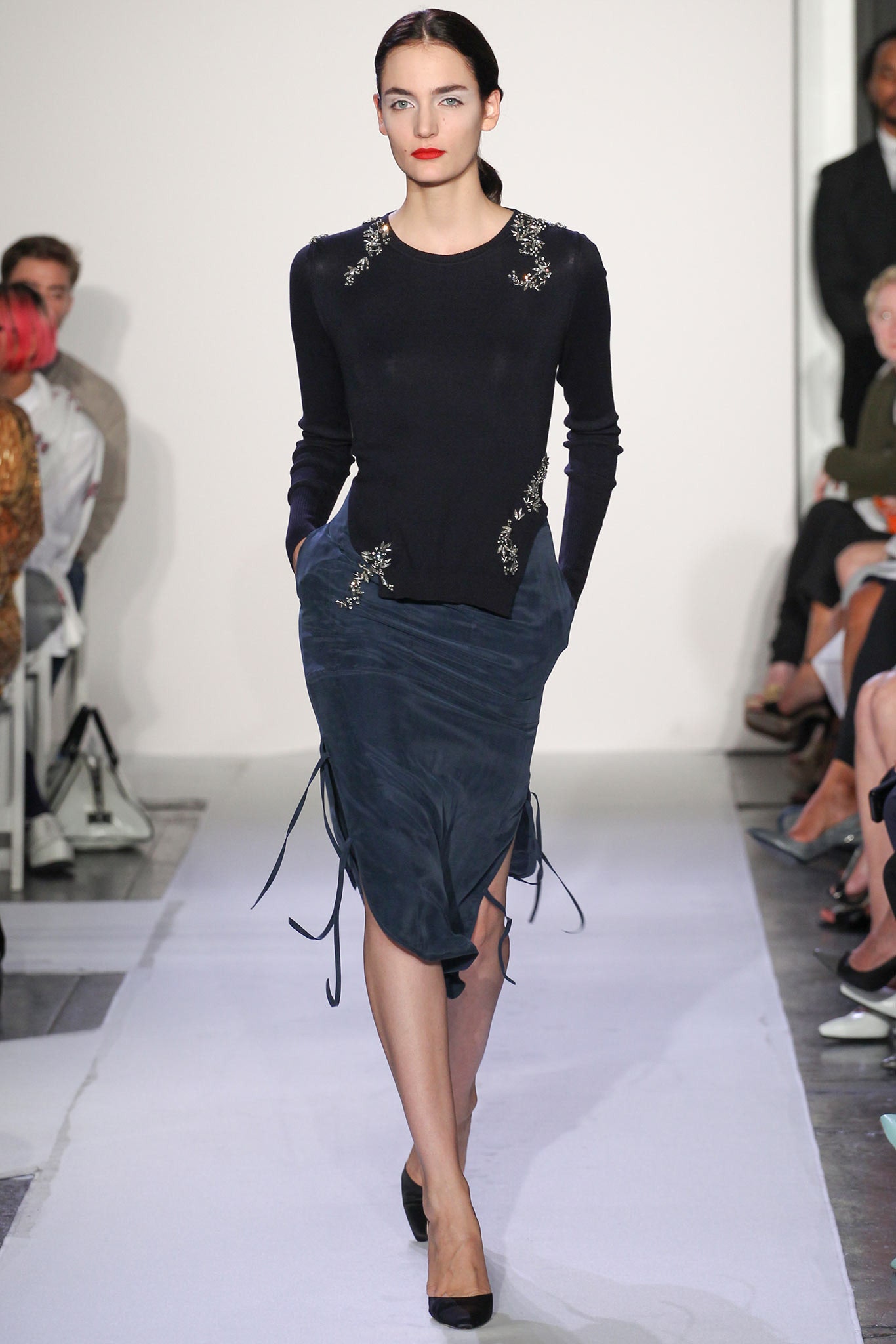 blue silk asymmetric fitted ruched midi skirt