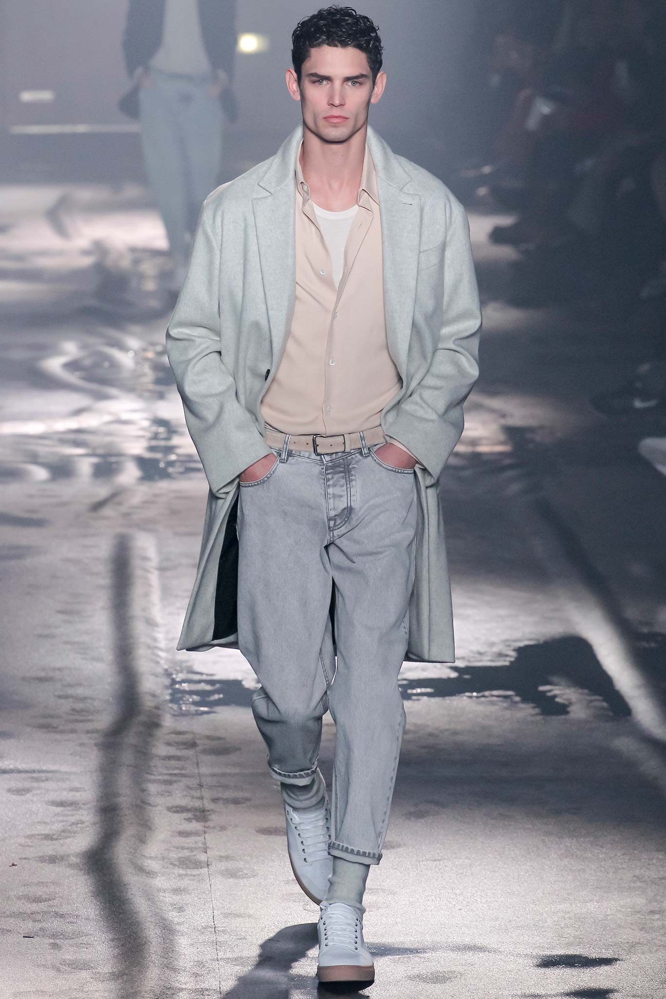 gray wool coat with beige shirt