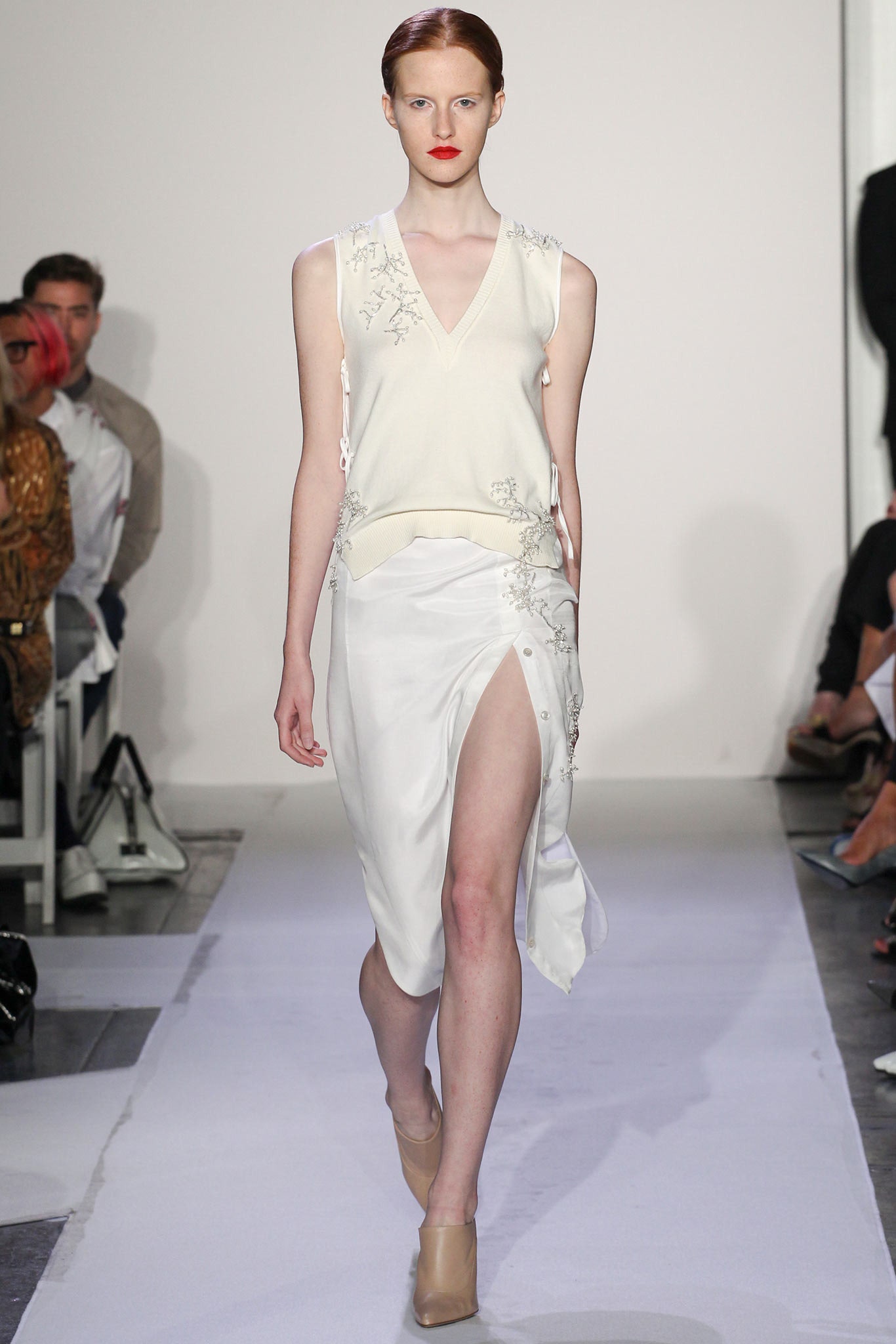white silk slit fitted high-waisted buttoned skirt