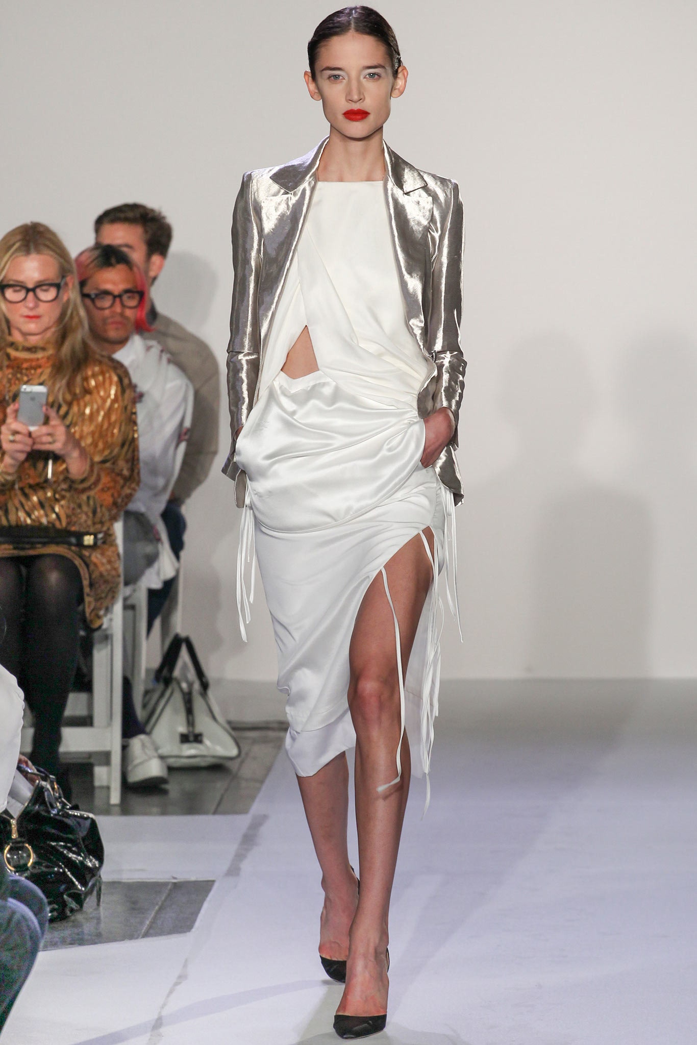white silk midi dress with silver jacket