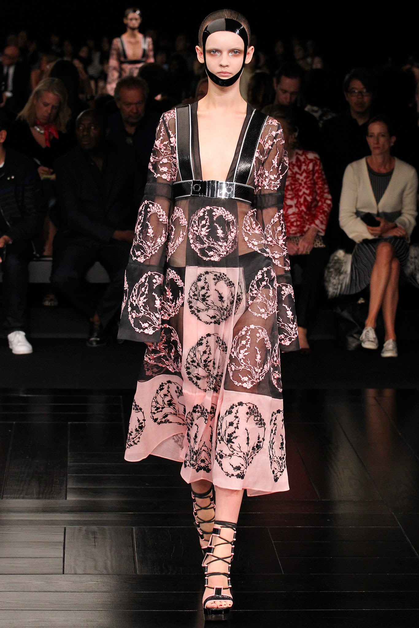 black and pink embroidered midi dress