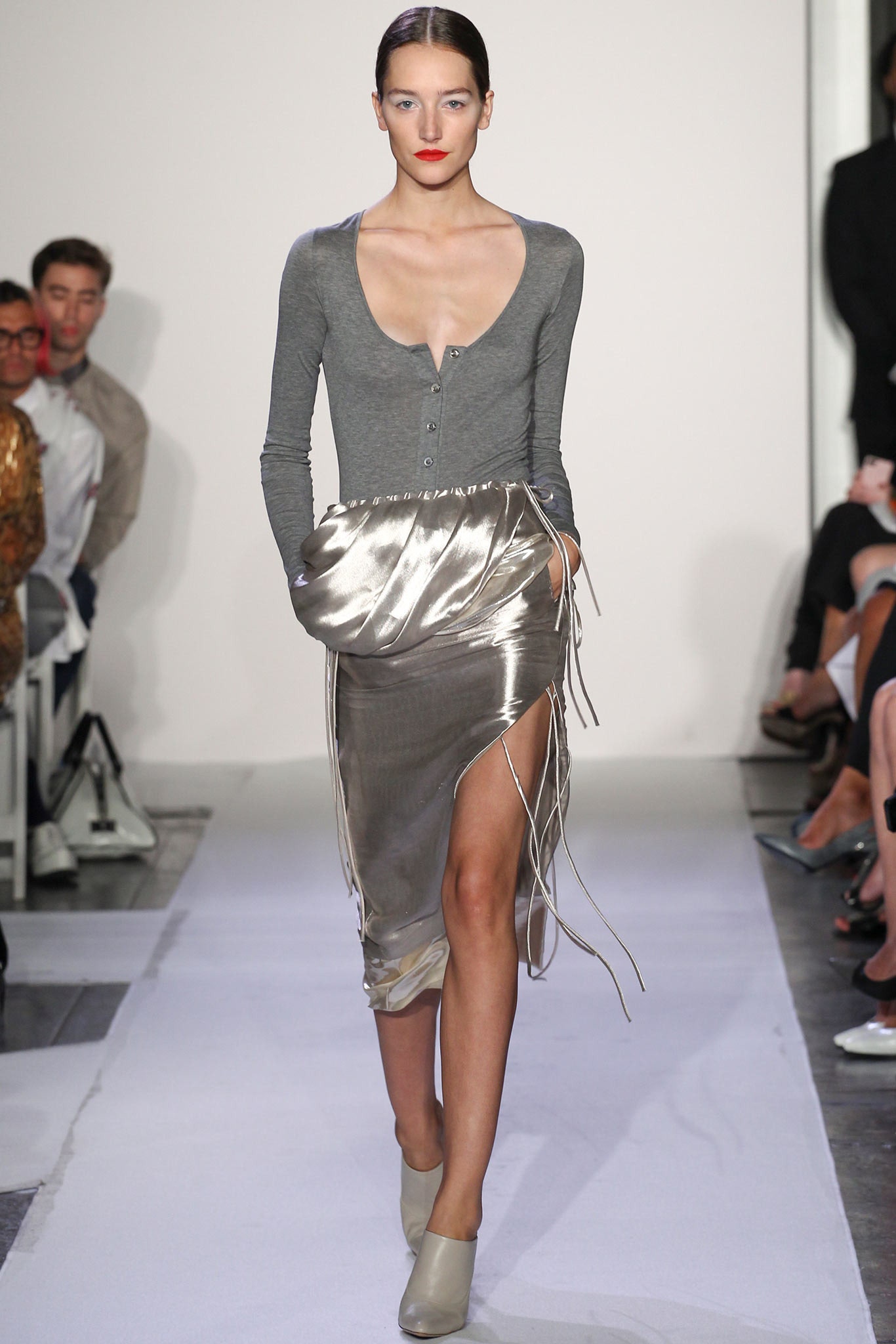 gray fitted top with silver skirt