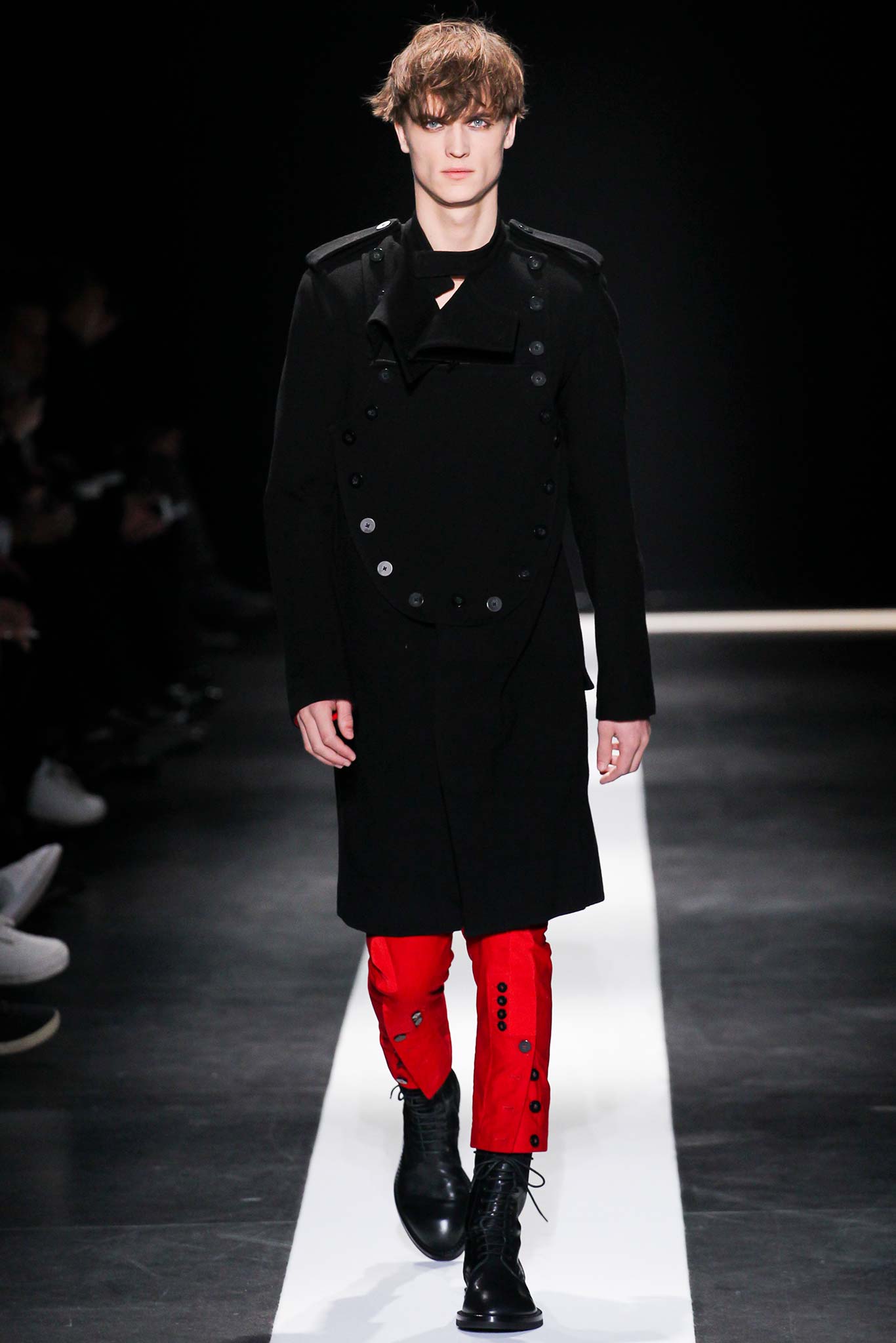 black coat red pants outfit