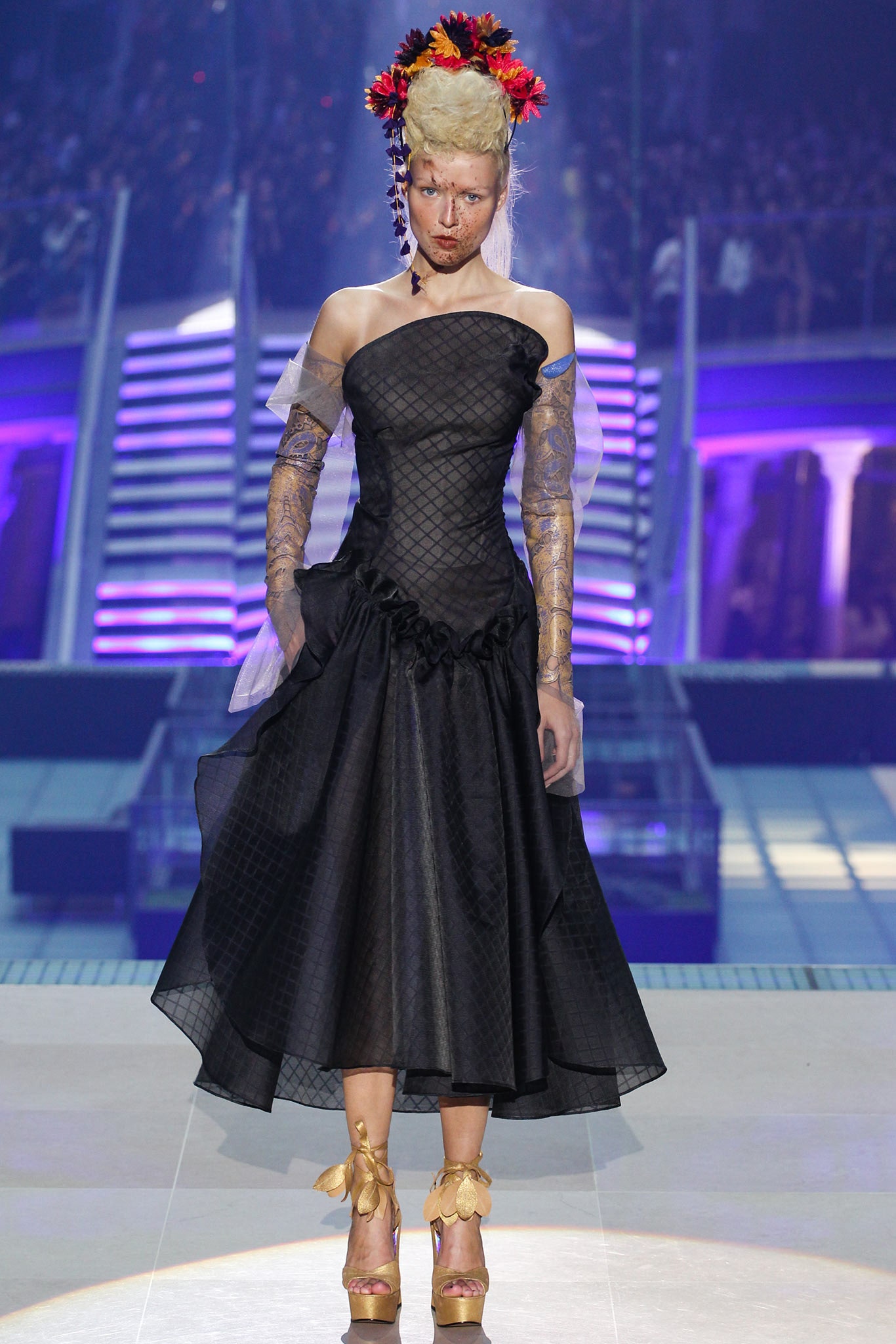 black silk off-shoulder dress