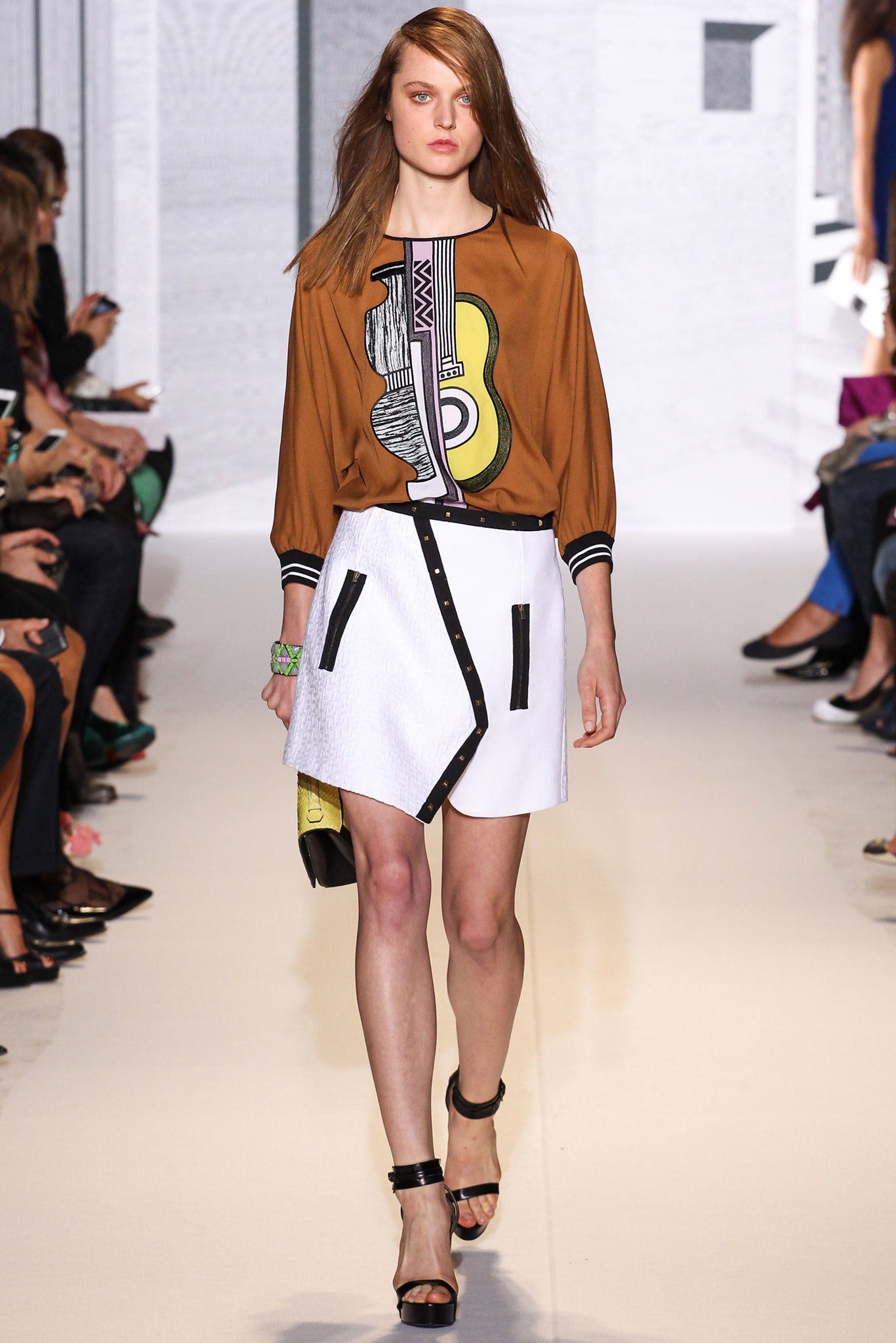 brown printed top with asymmetric skirt