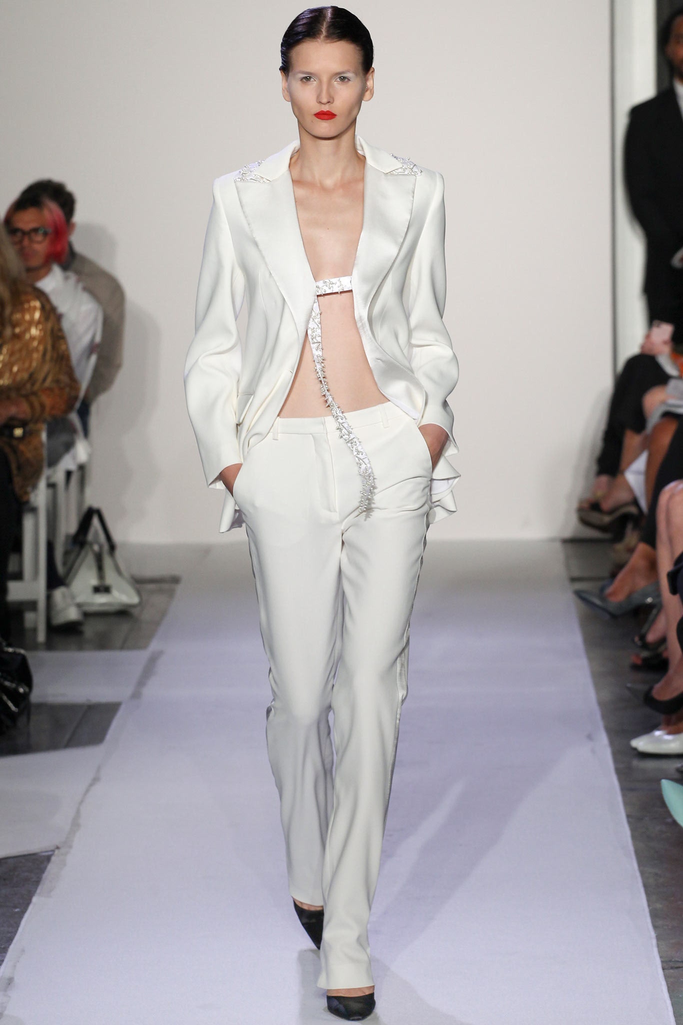 white silk long-sleeve collared tailored buttoned blazer