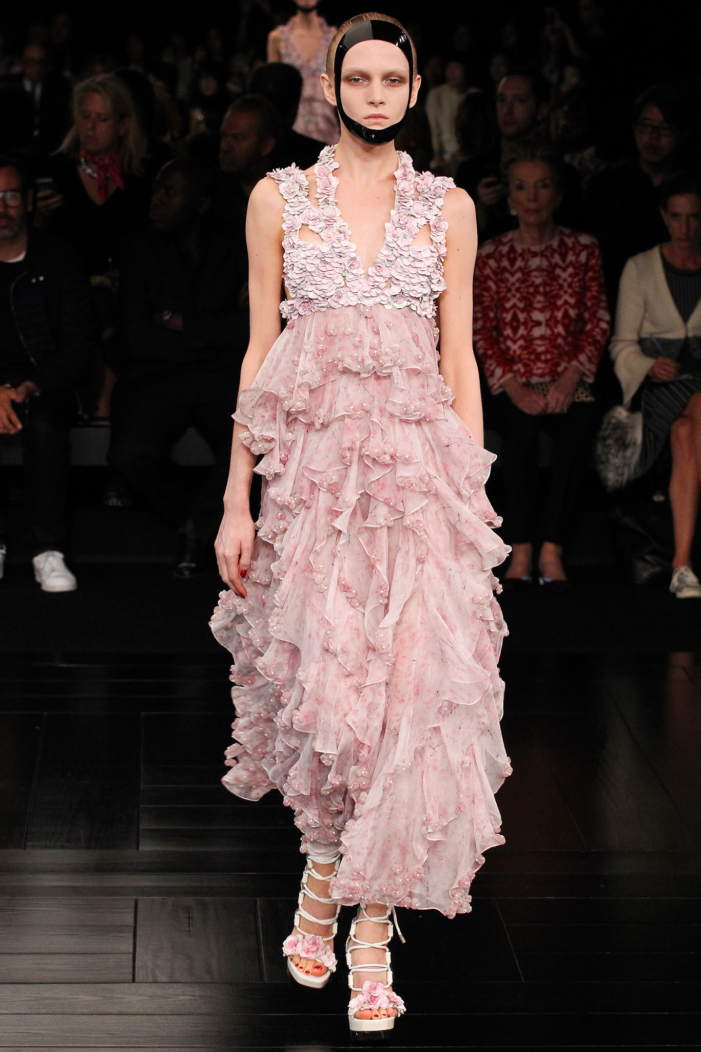 pink silk ruffled gown