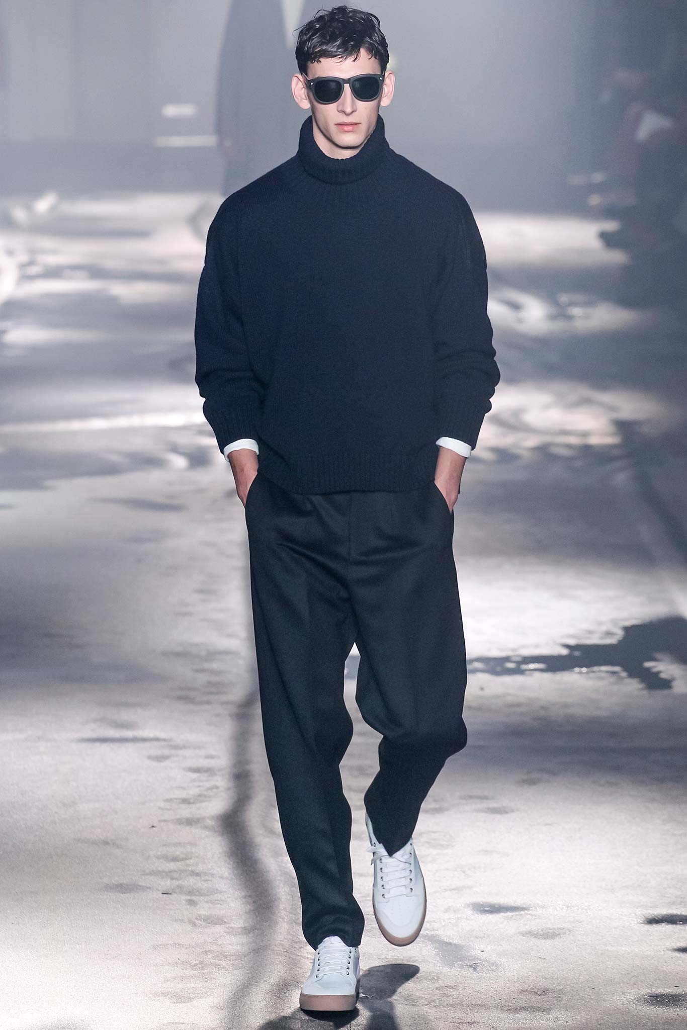 black wool turtleneck sweater and relaxed pants