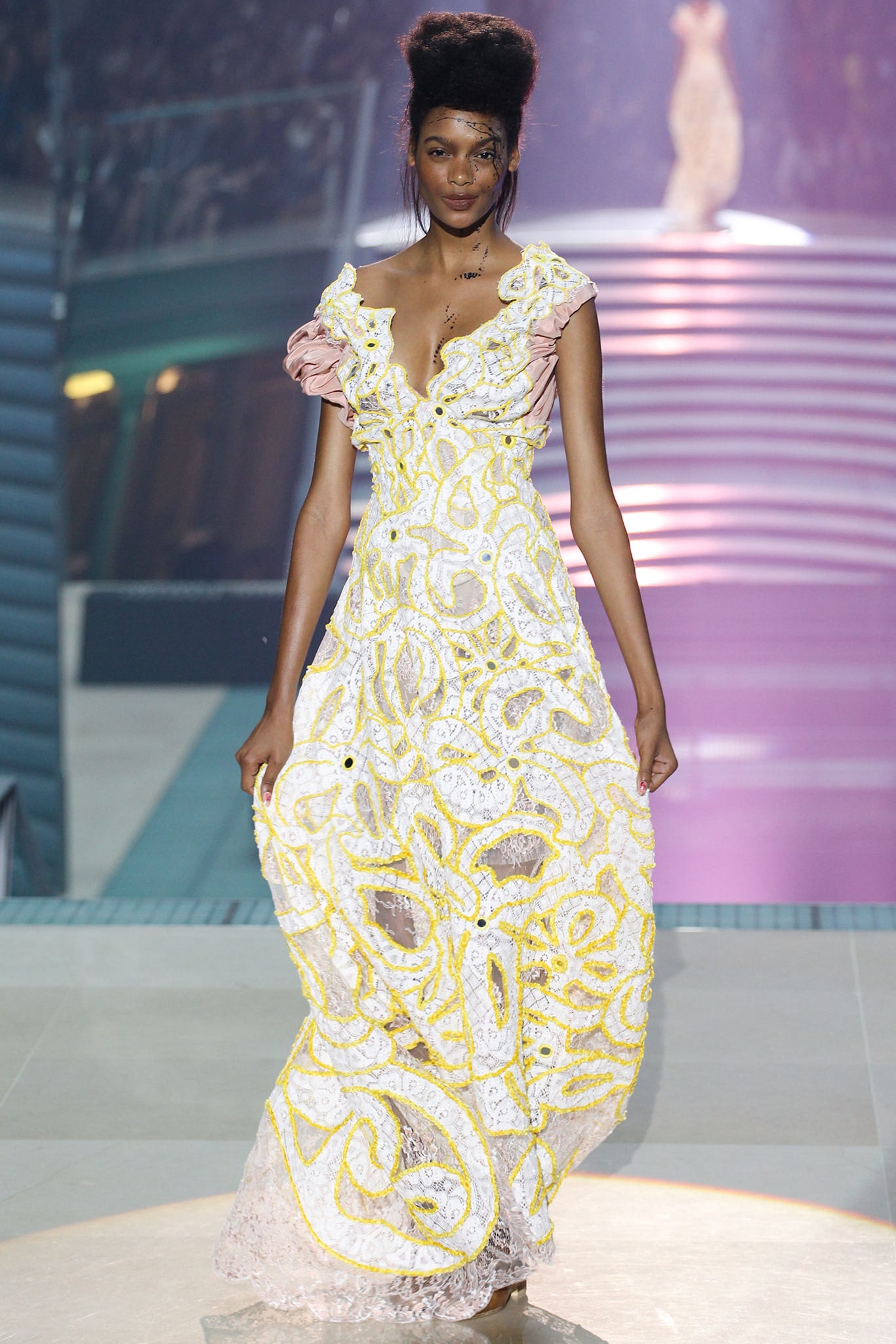 pink and yellow embroidered gown