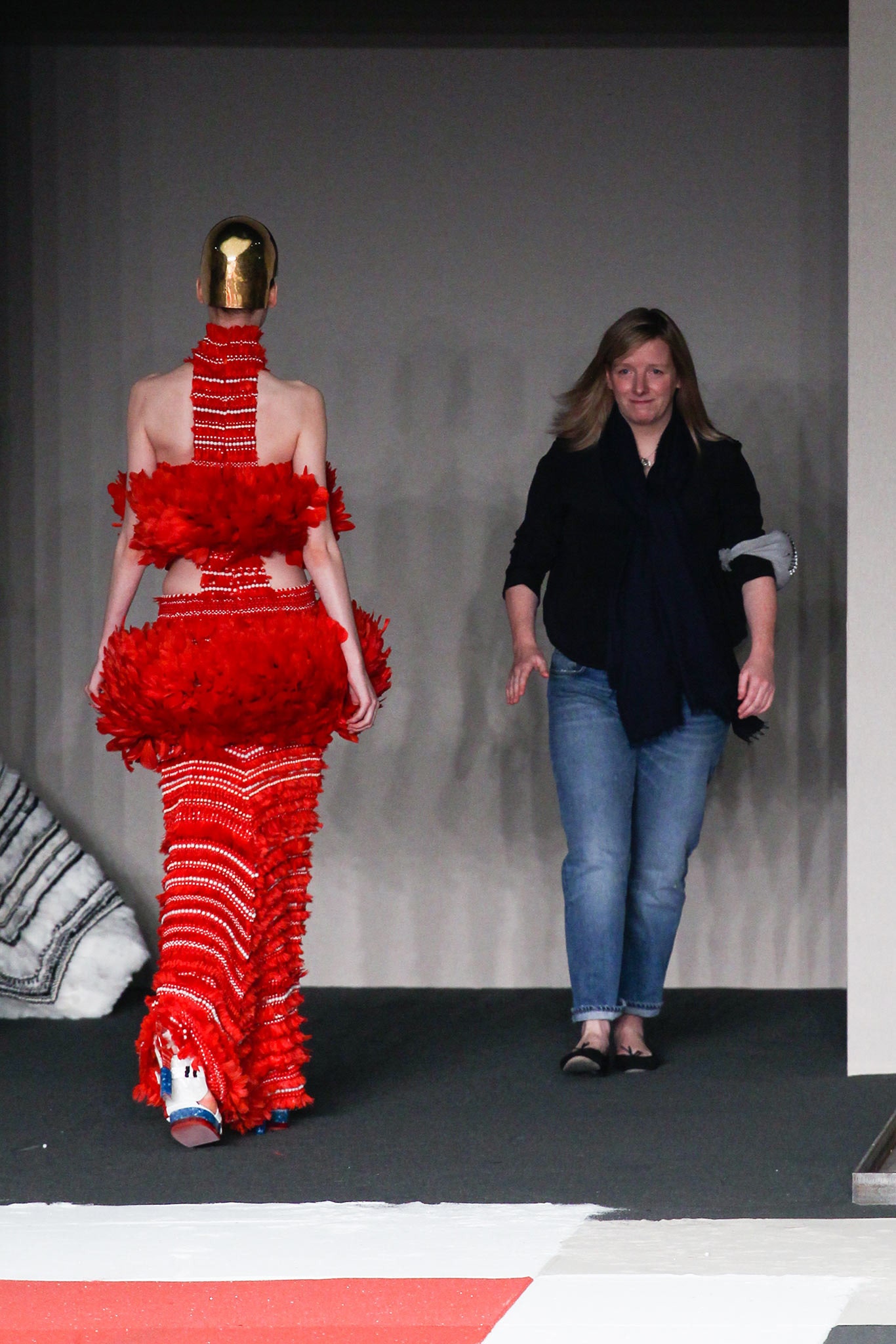 red ruffled midi dress