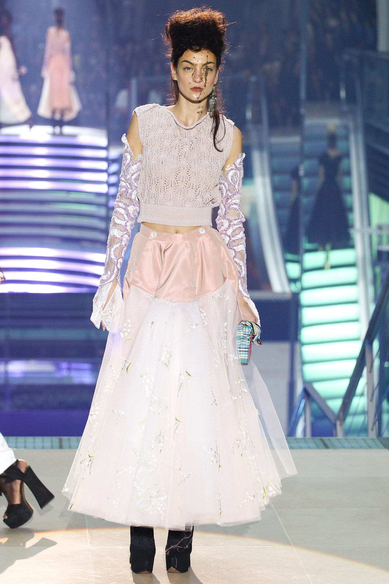 white lace fitted top and pink tulle skirt