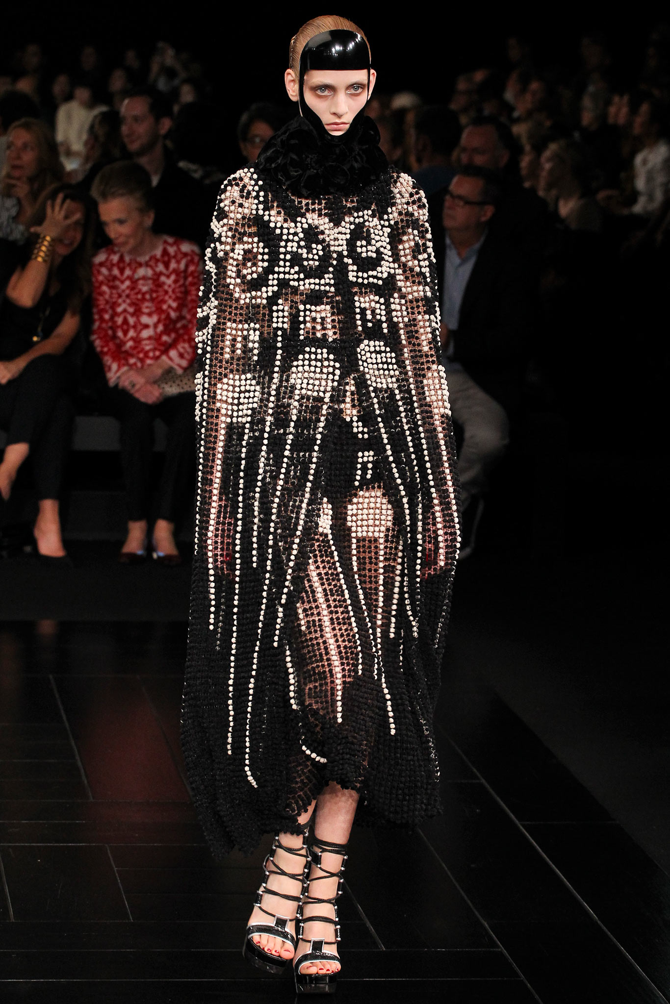 black silk sleeveless high-neck relaxed layered beaded cape
