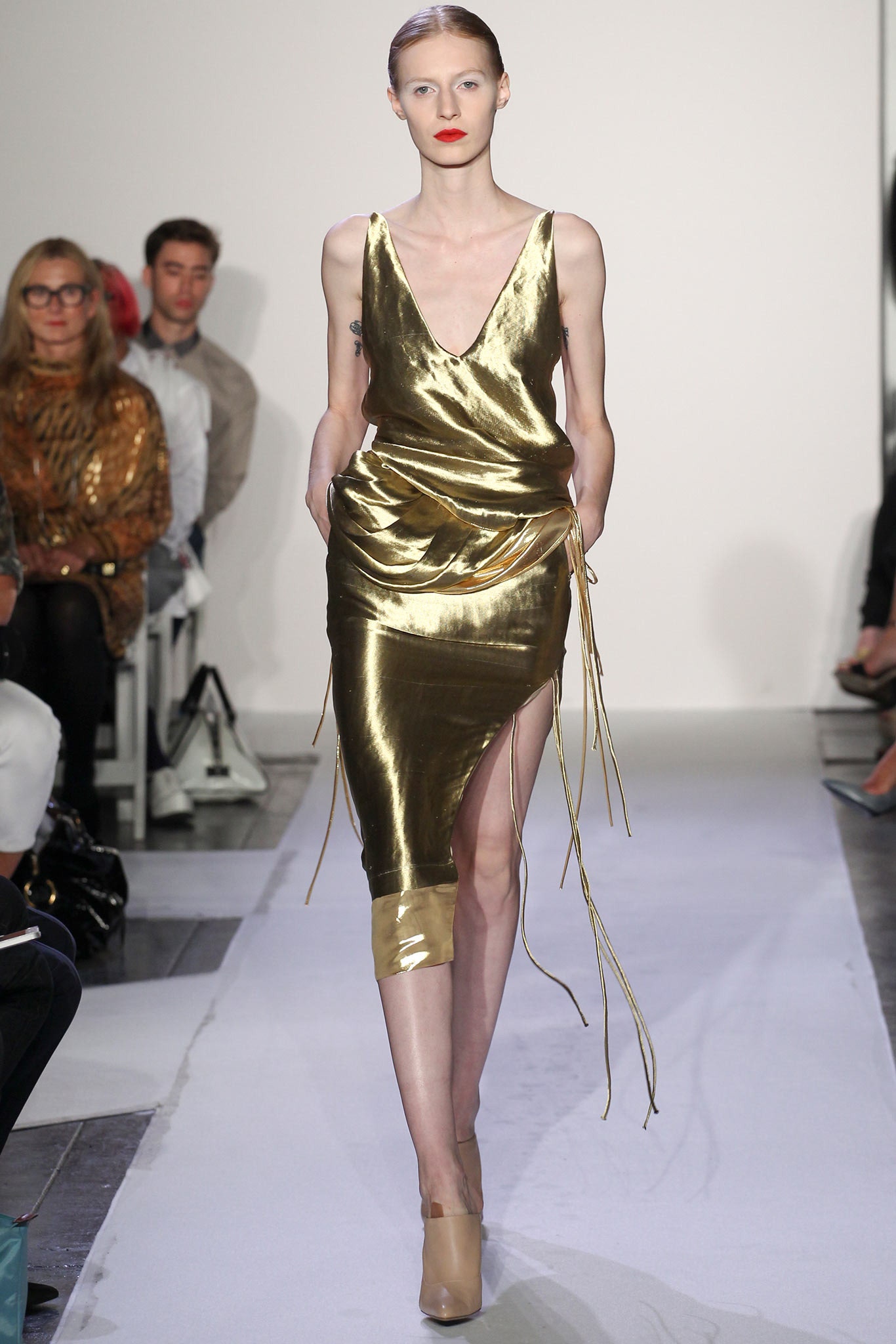 fitted gold silk dress