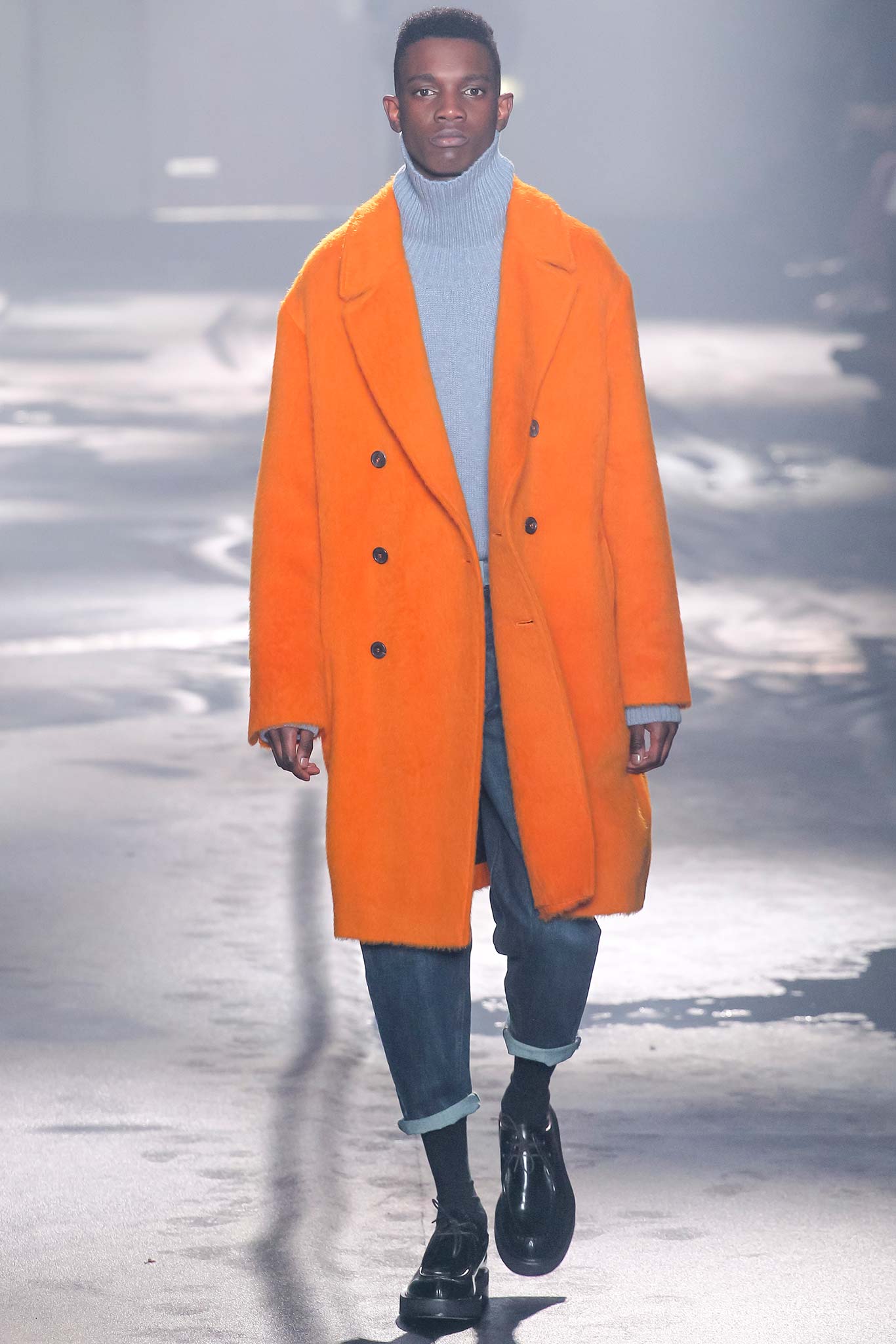 orange wool coat gray sweater