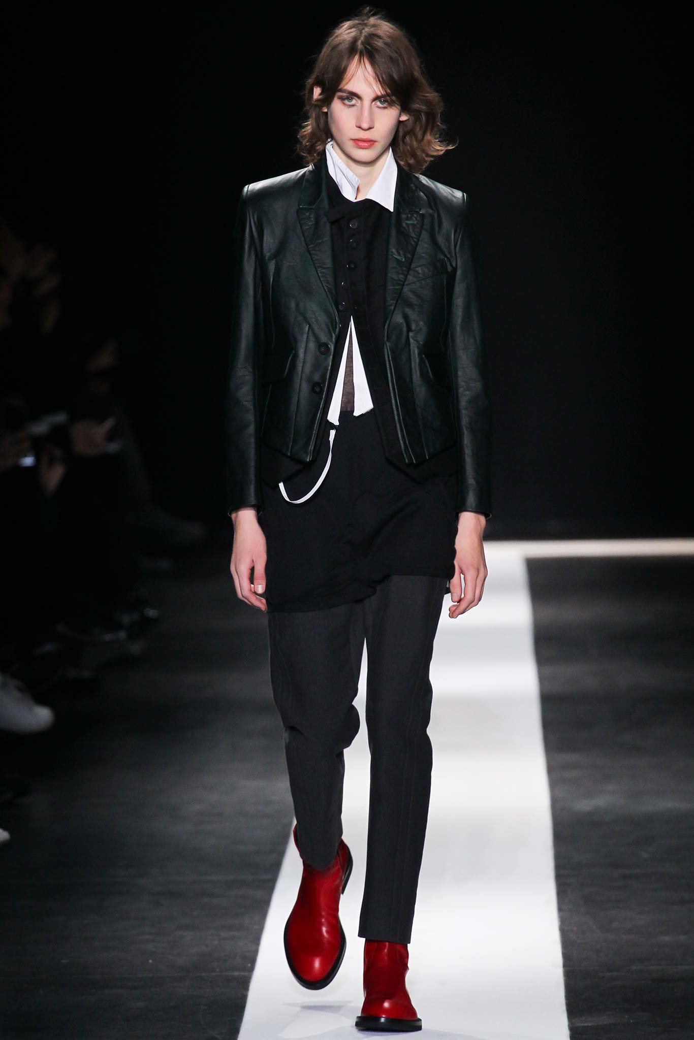 black green leather jacket with red shoes