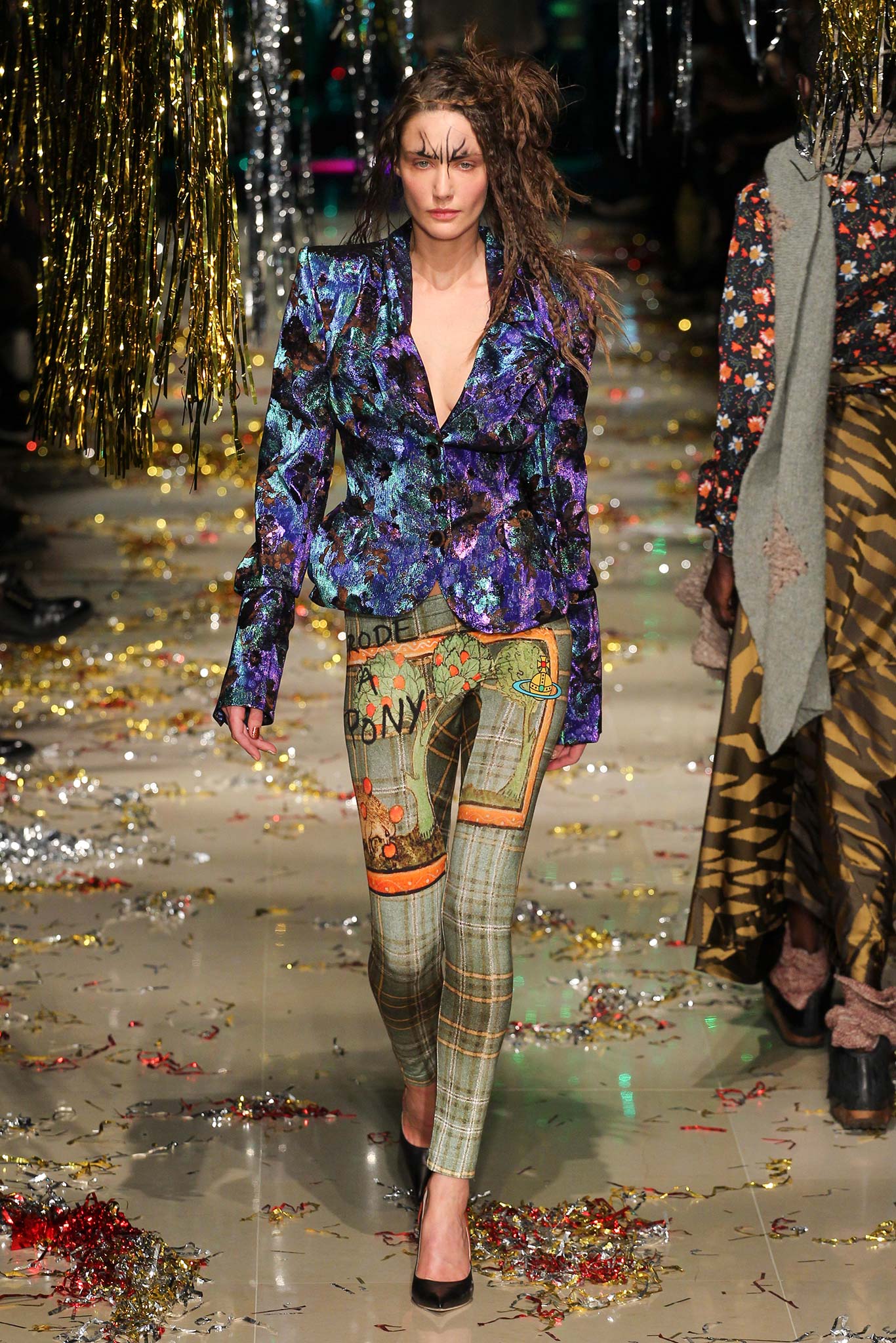 purple silk fitted blazer with printed pants