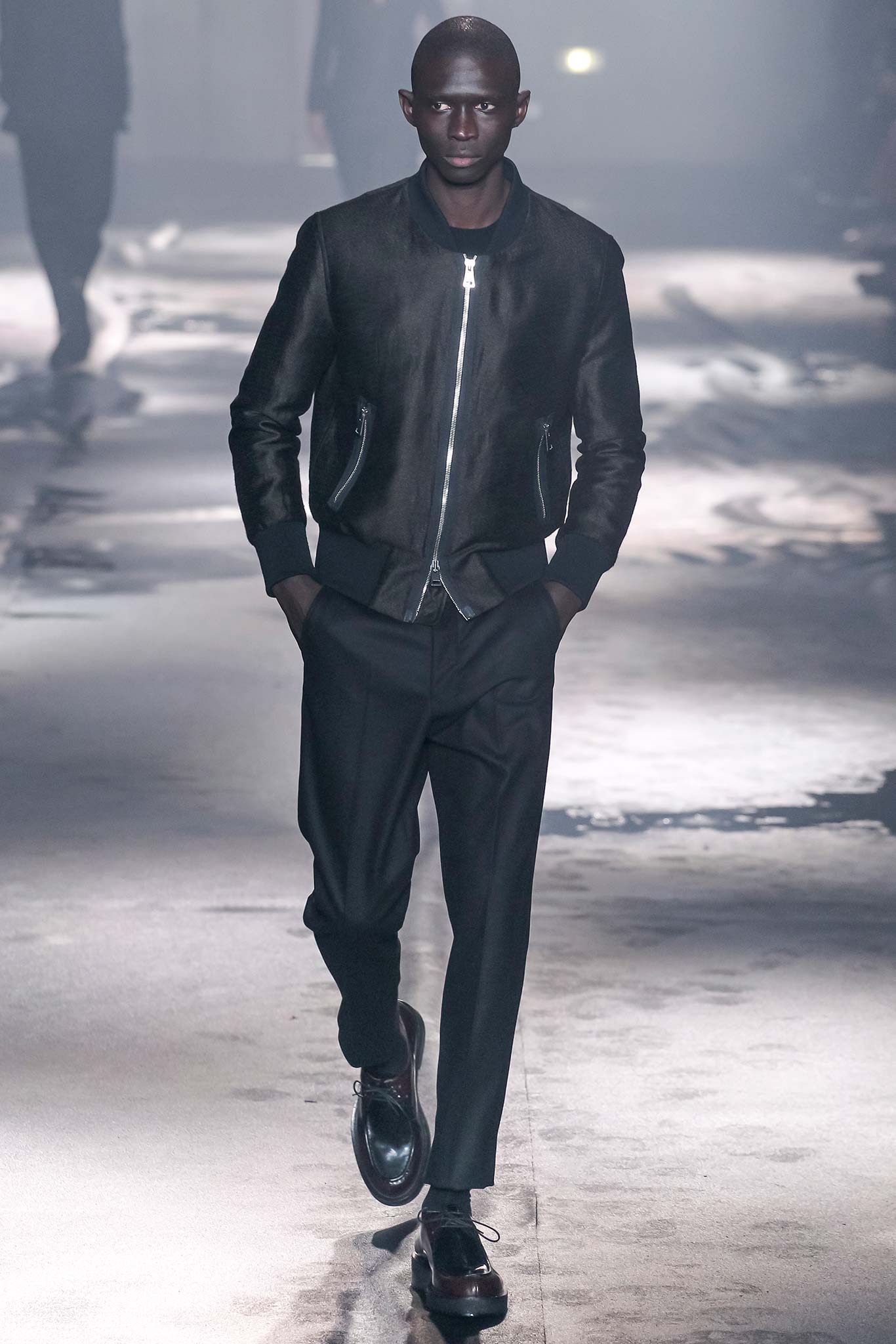 black leather jacket and tailored pants