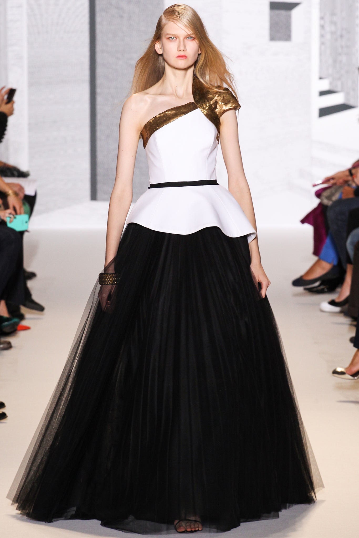 white and black asymmetric gown