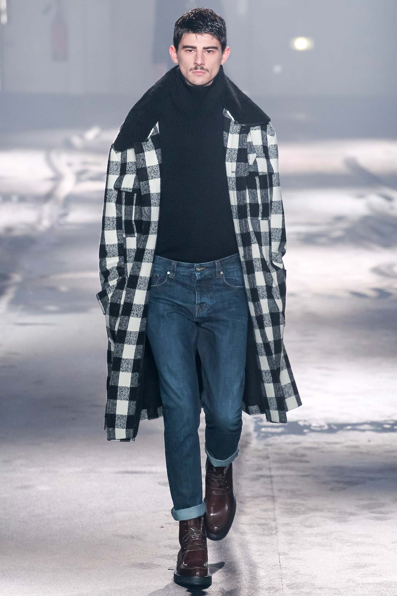 black and white checked coat with turtleneck