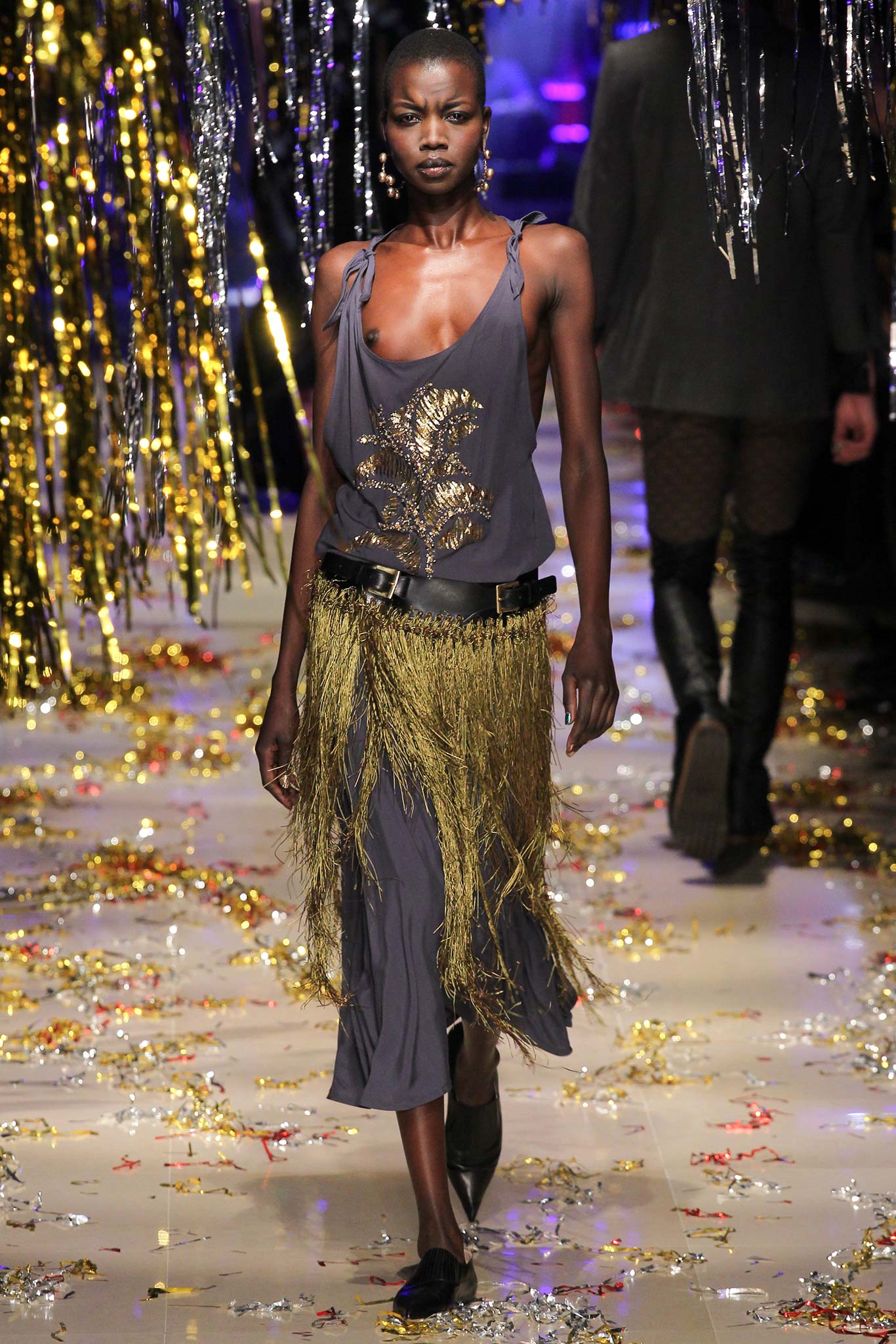 gray silk top and fringed skirt