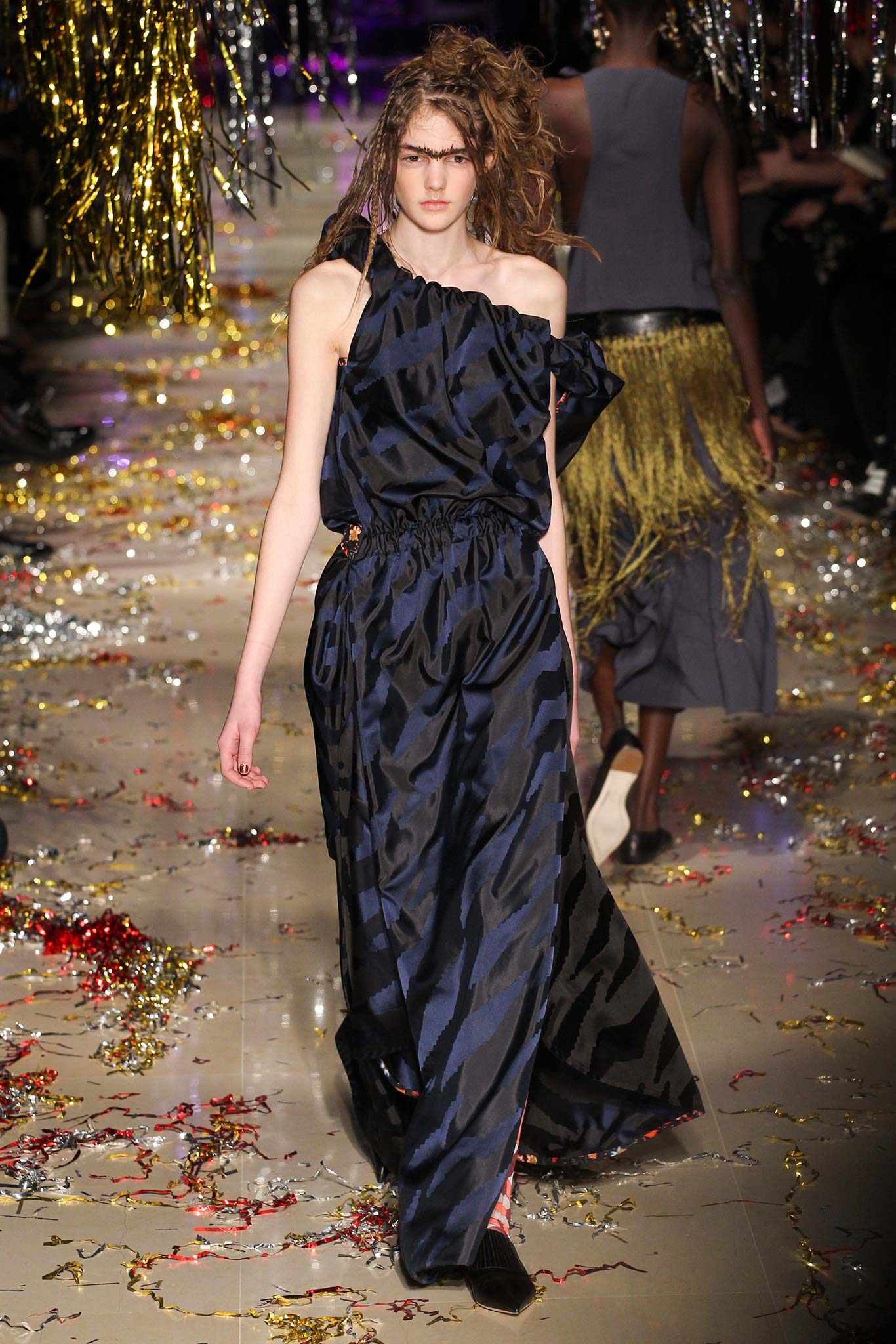 blue black silk off-shoulder dress