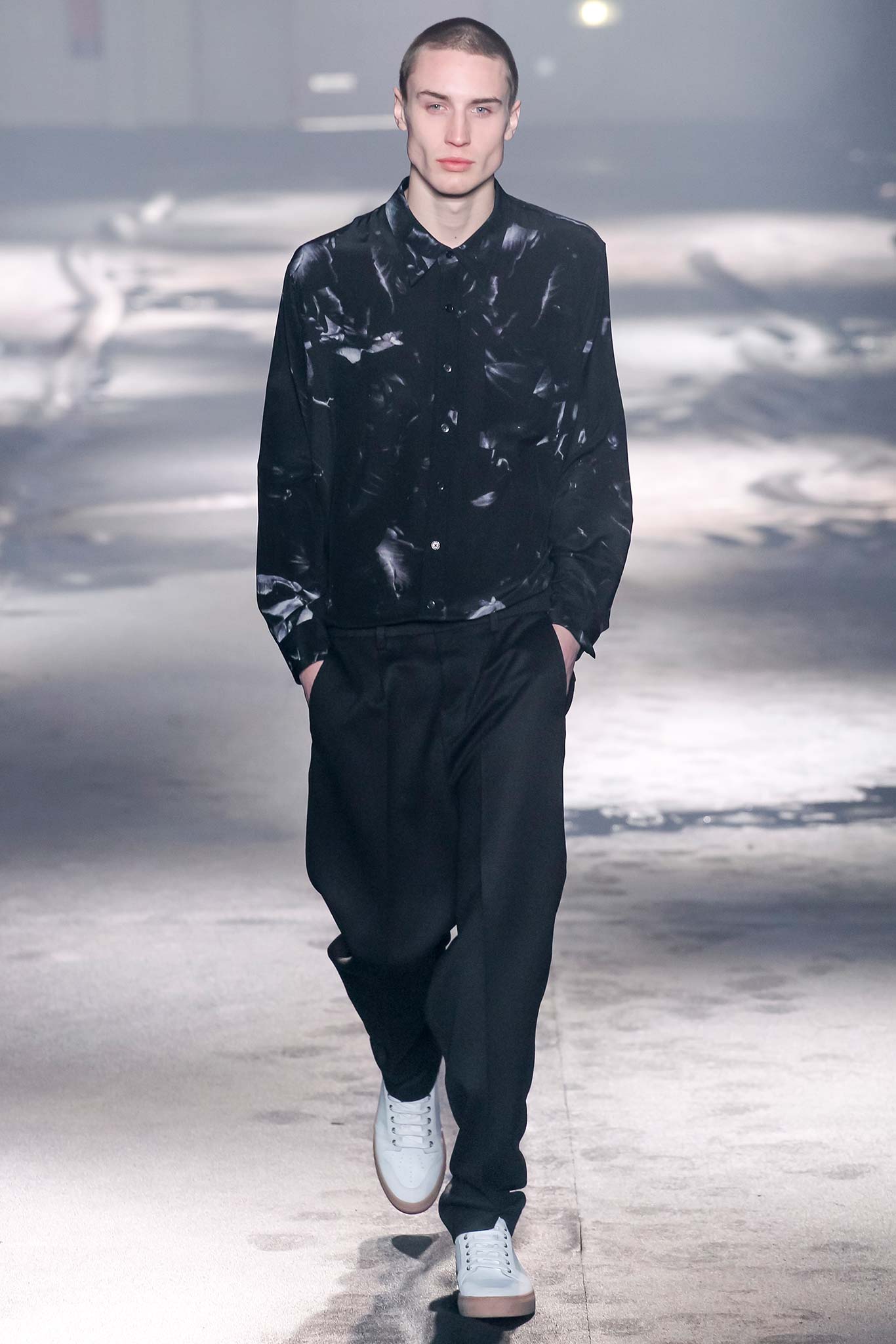 black and white printed shirt with relaxed pants