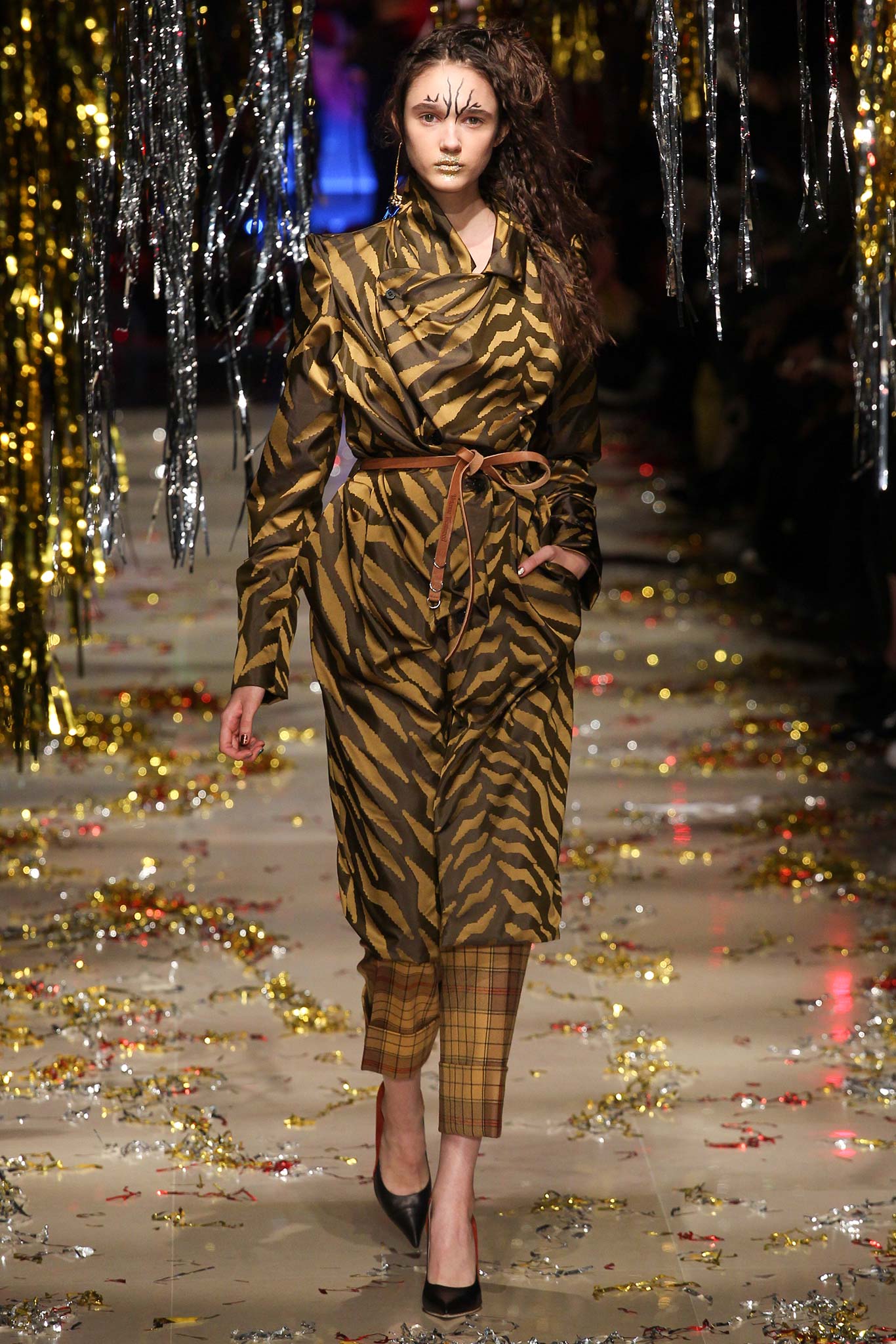 brown striped coat with checked pants