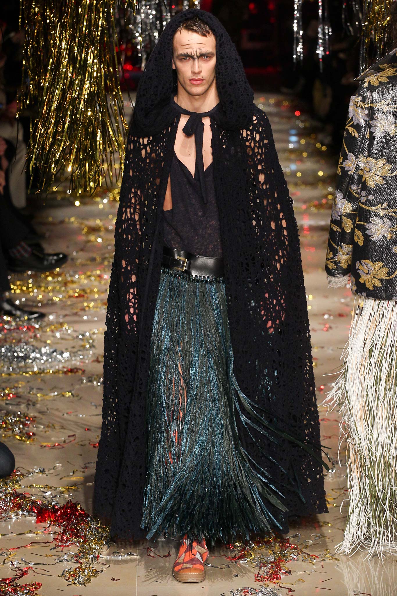 black lace cape with blue skirt