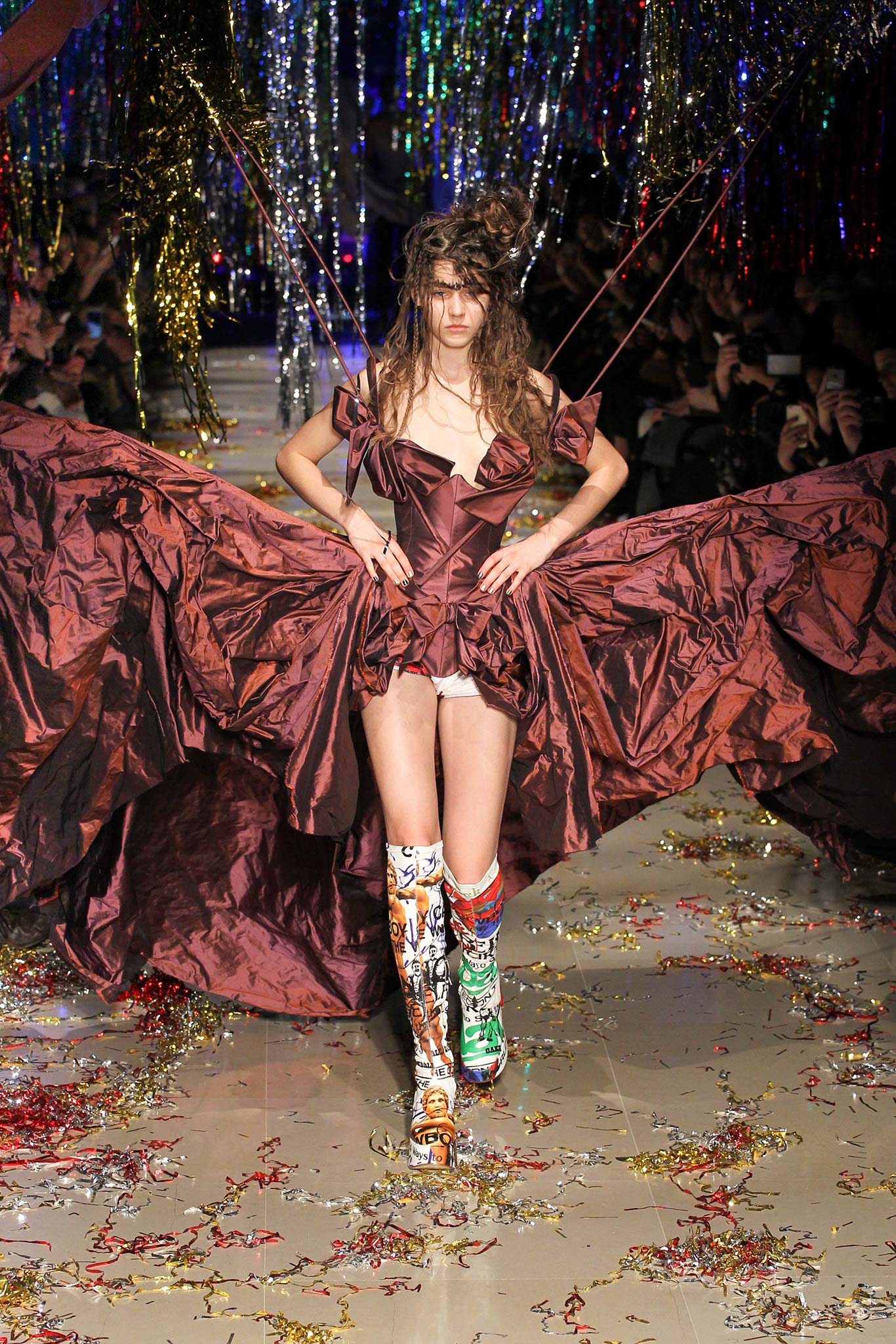 brown silk flared mini dress with multi printed boots