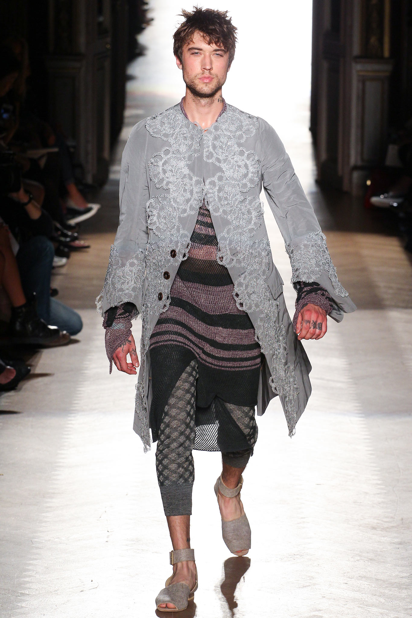 gray embroidered coat with striped top