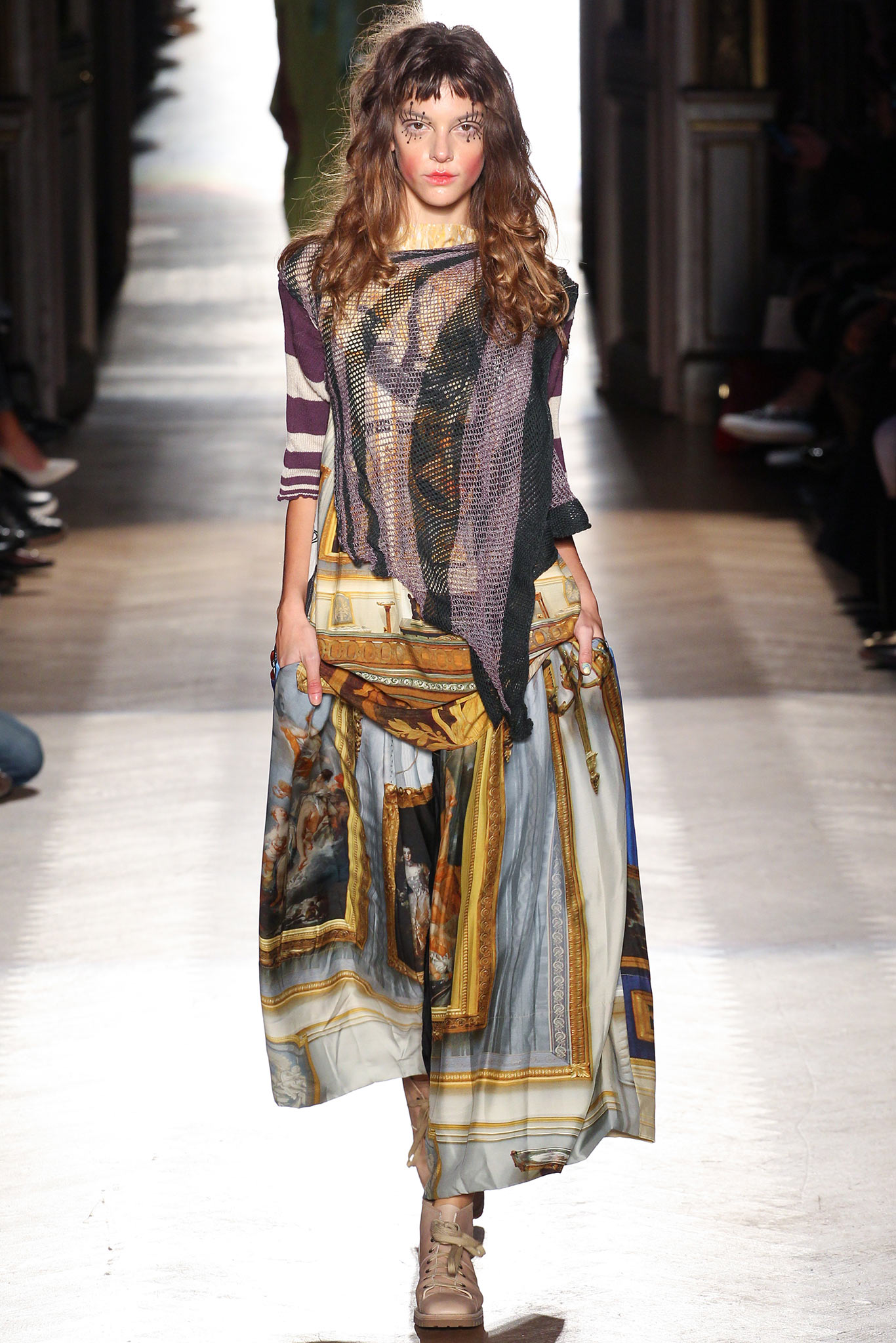 multi-colored relaxed top and pleated midi skirt