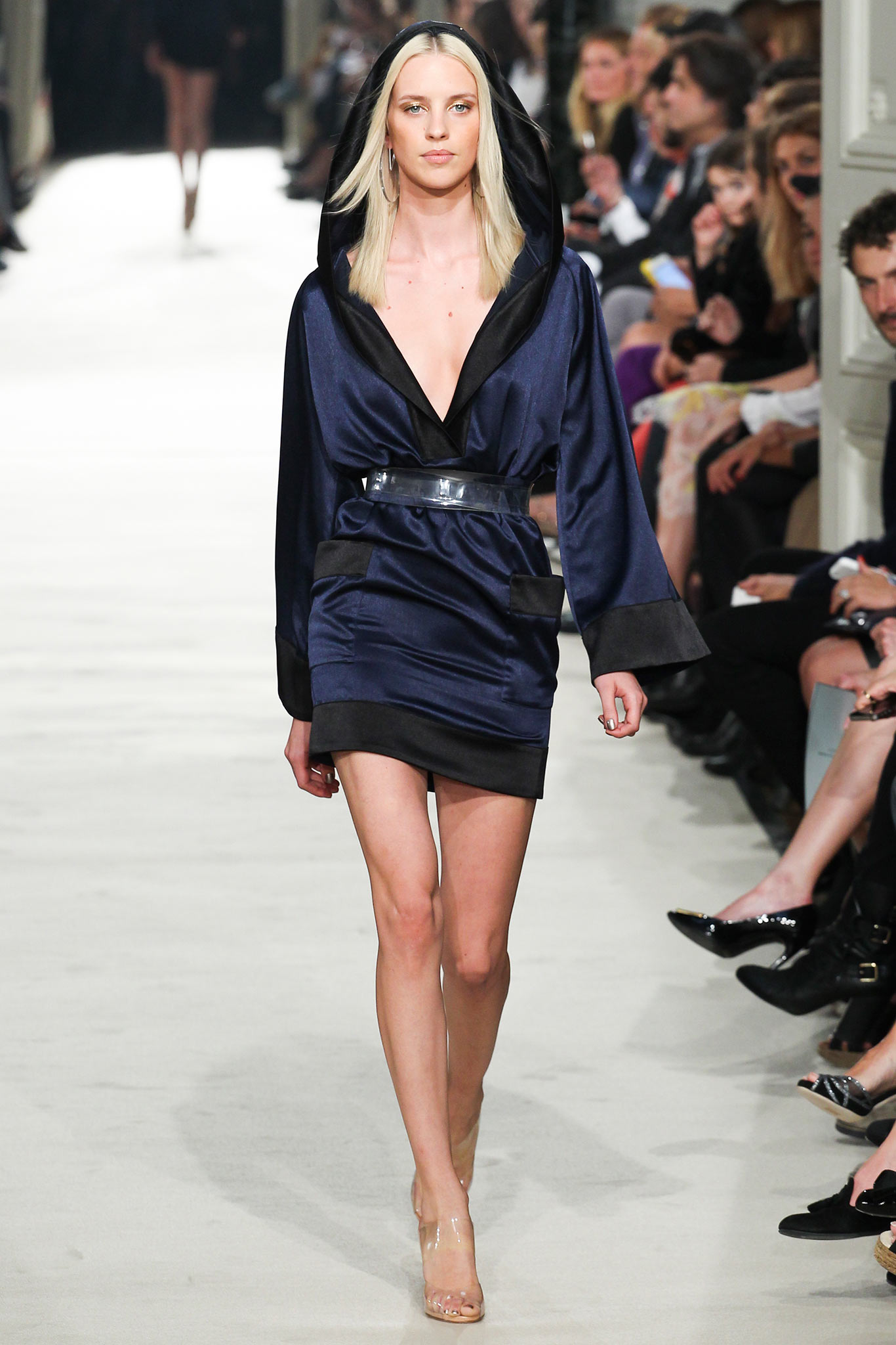 blue silk hooded mini dress