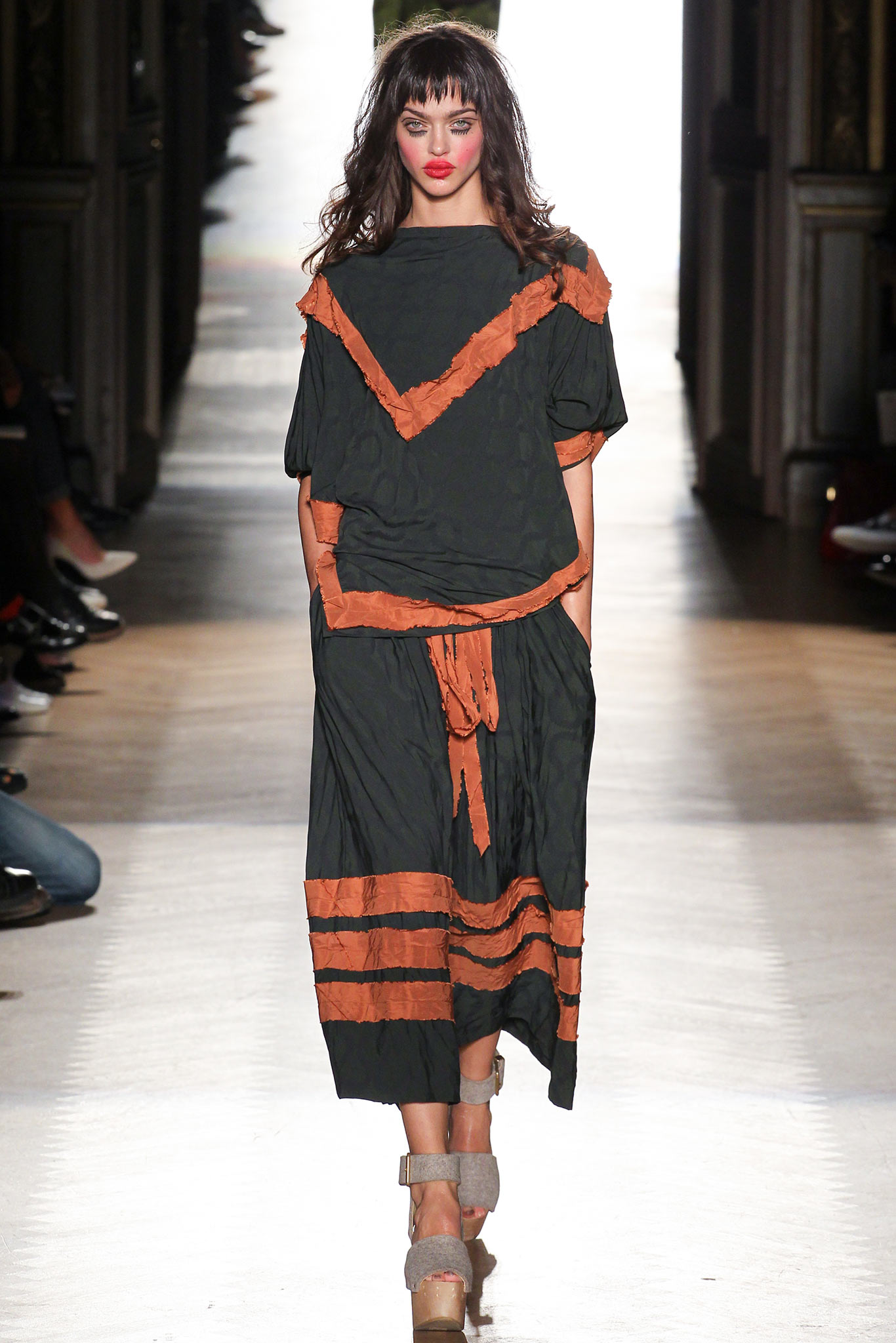 black and orange draped midi dress