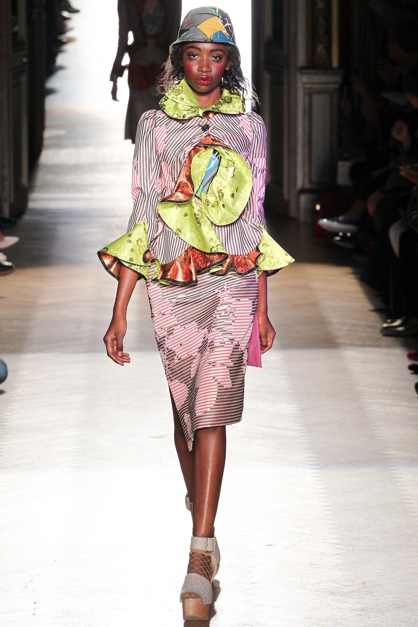 multi-colored layered midi dress with hat