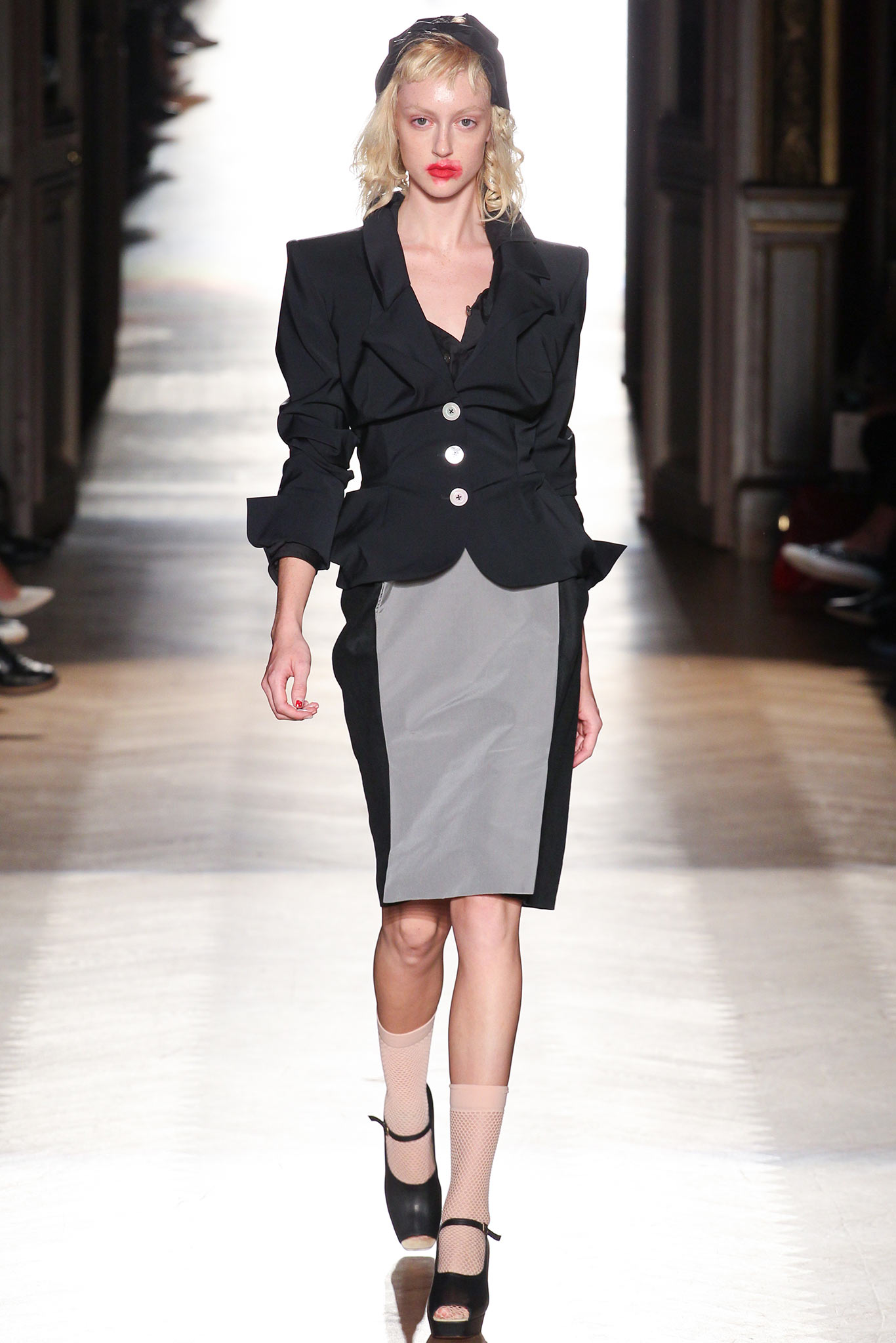 black fitted blazer gray pencil skirt
