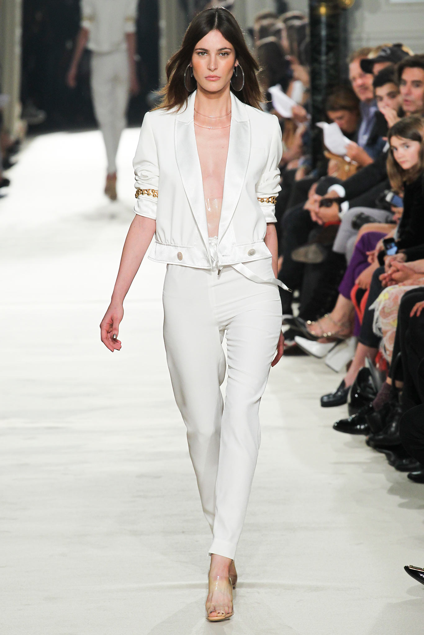 white silk long-sleeve collared tailored buttoned blazer