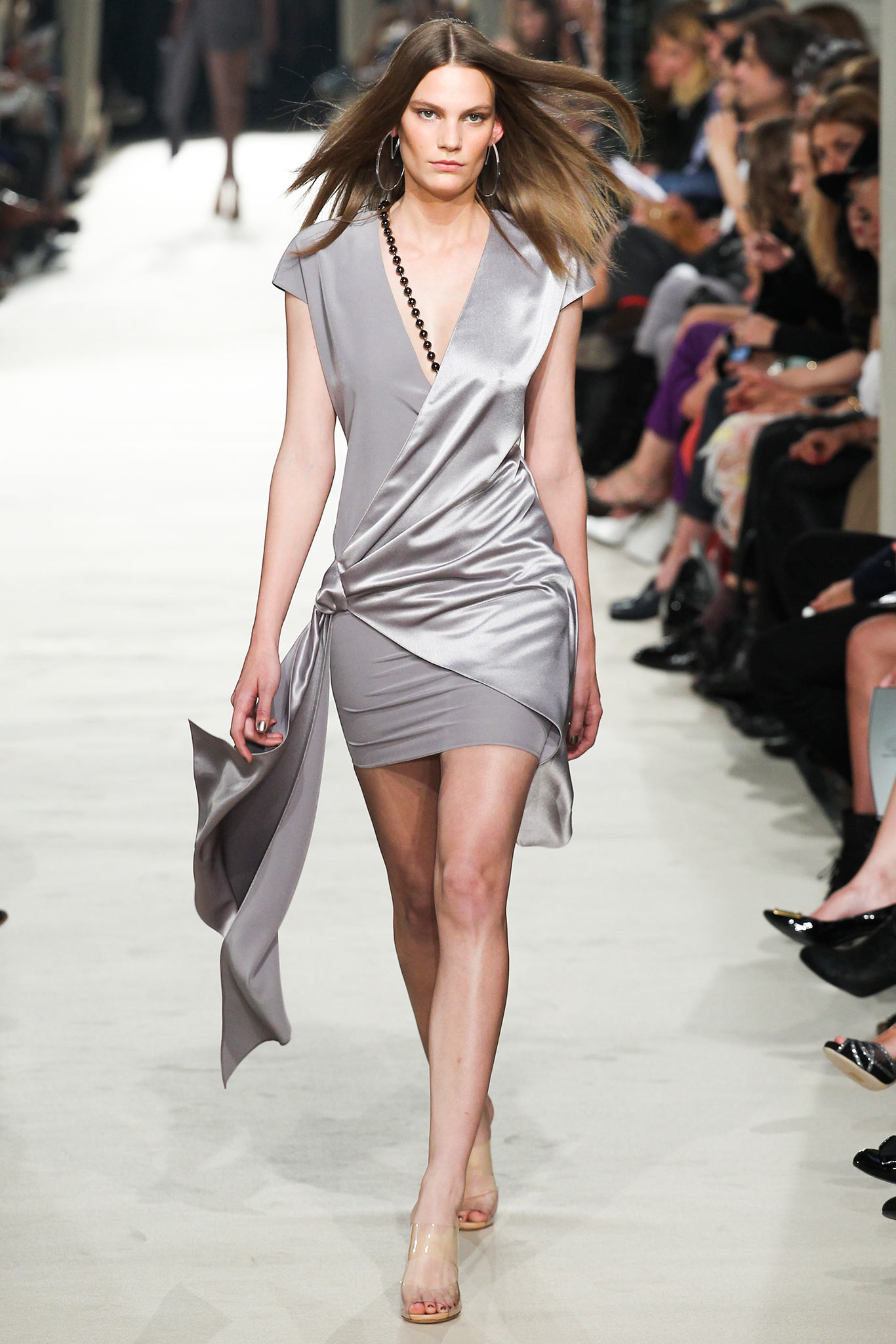 gray silk sleeveless wrap dress