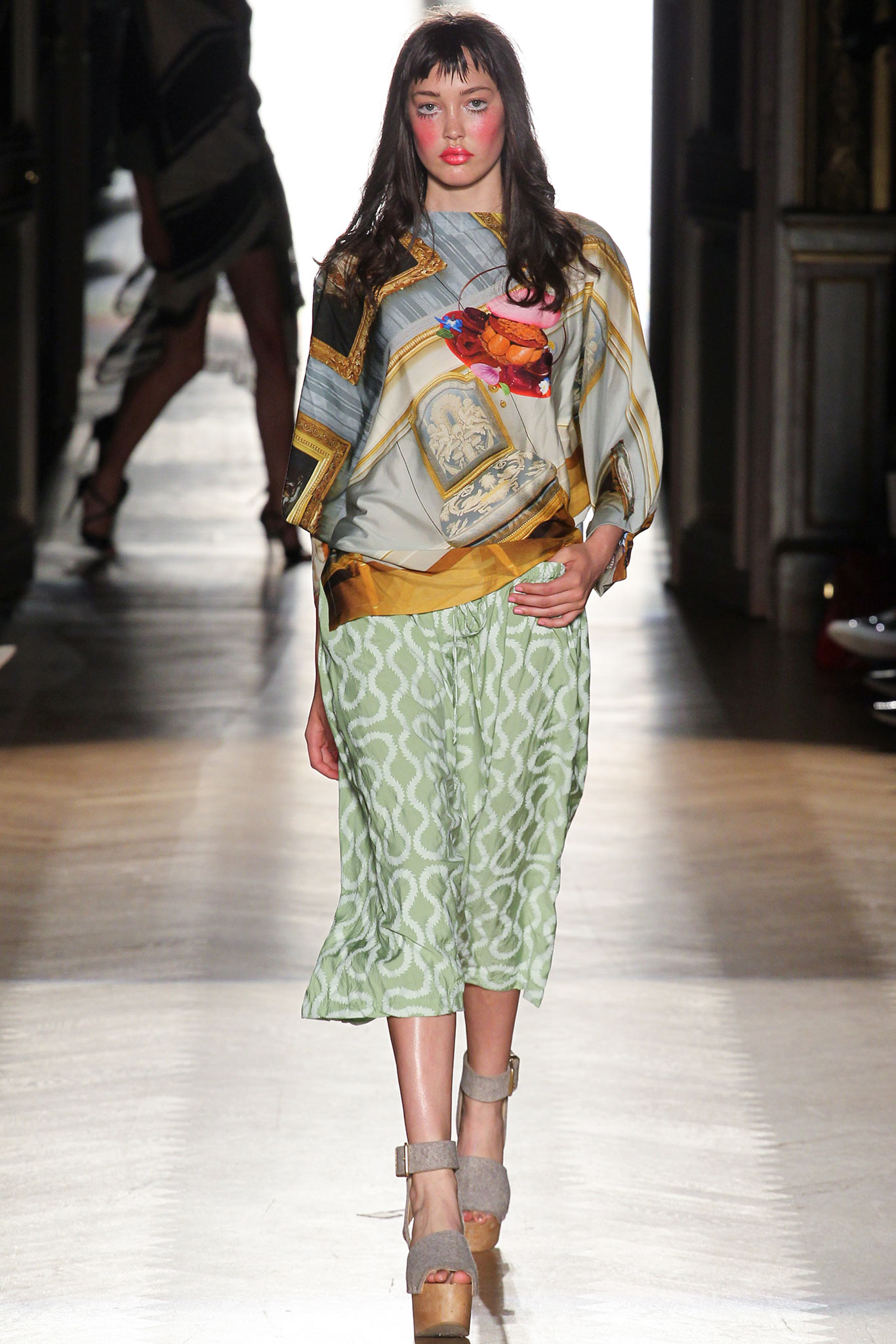 multi-colored silk top with flared skirt