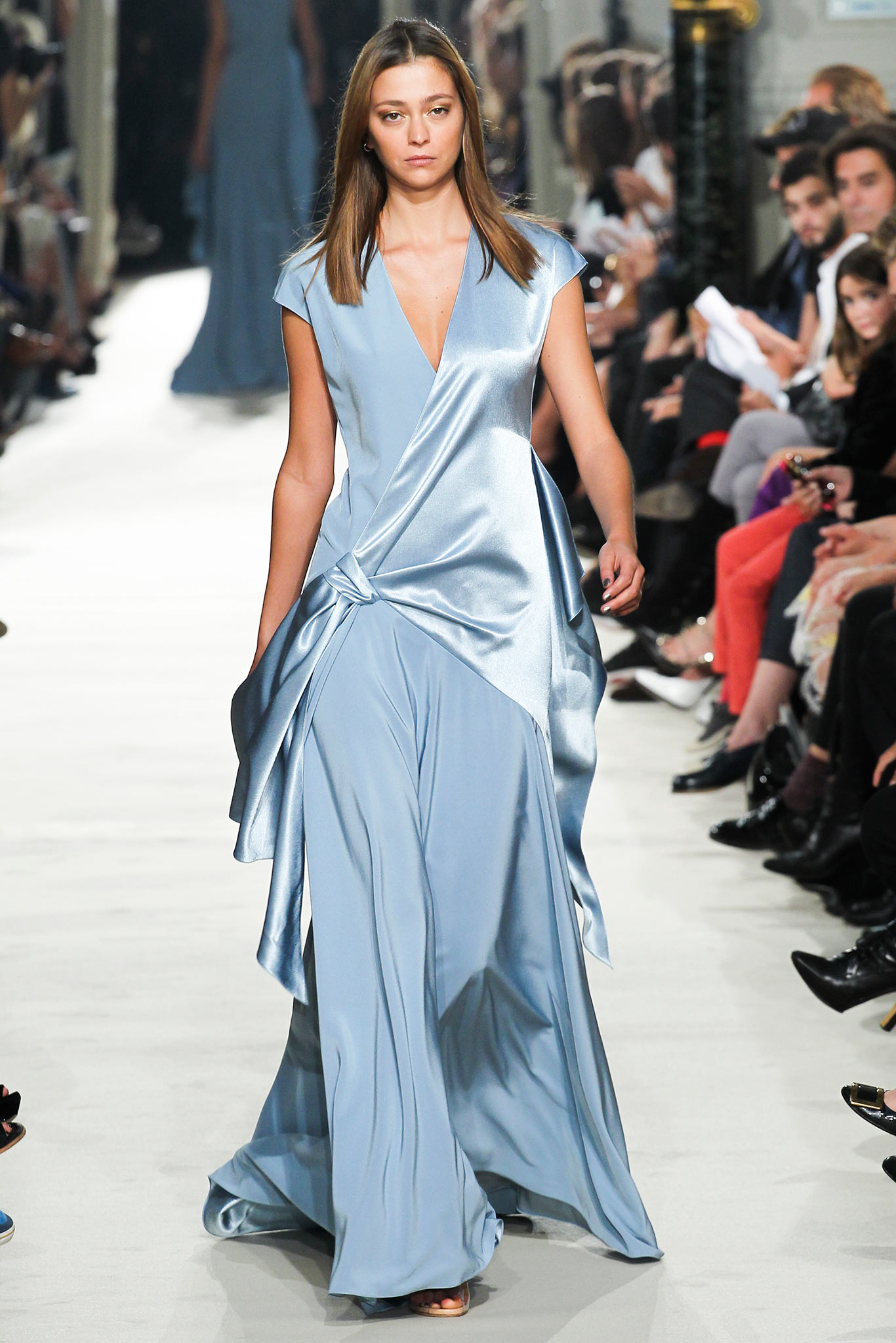 blue silk sleeveless gown
