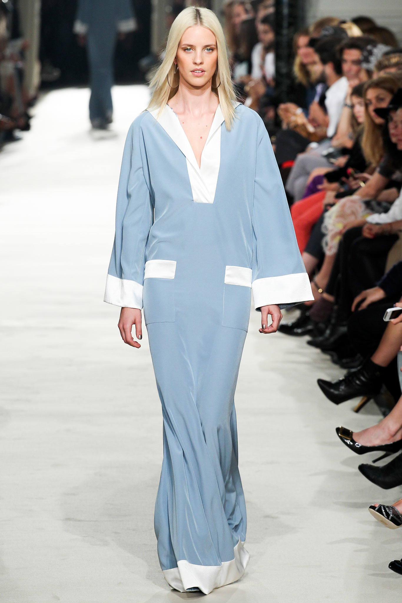blue silk long-sleeve dress