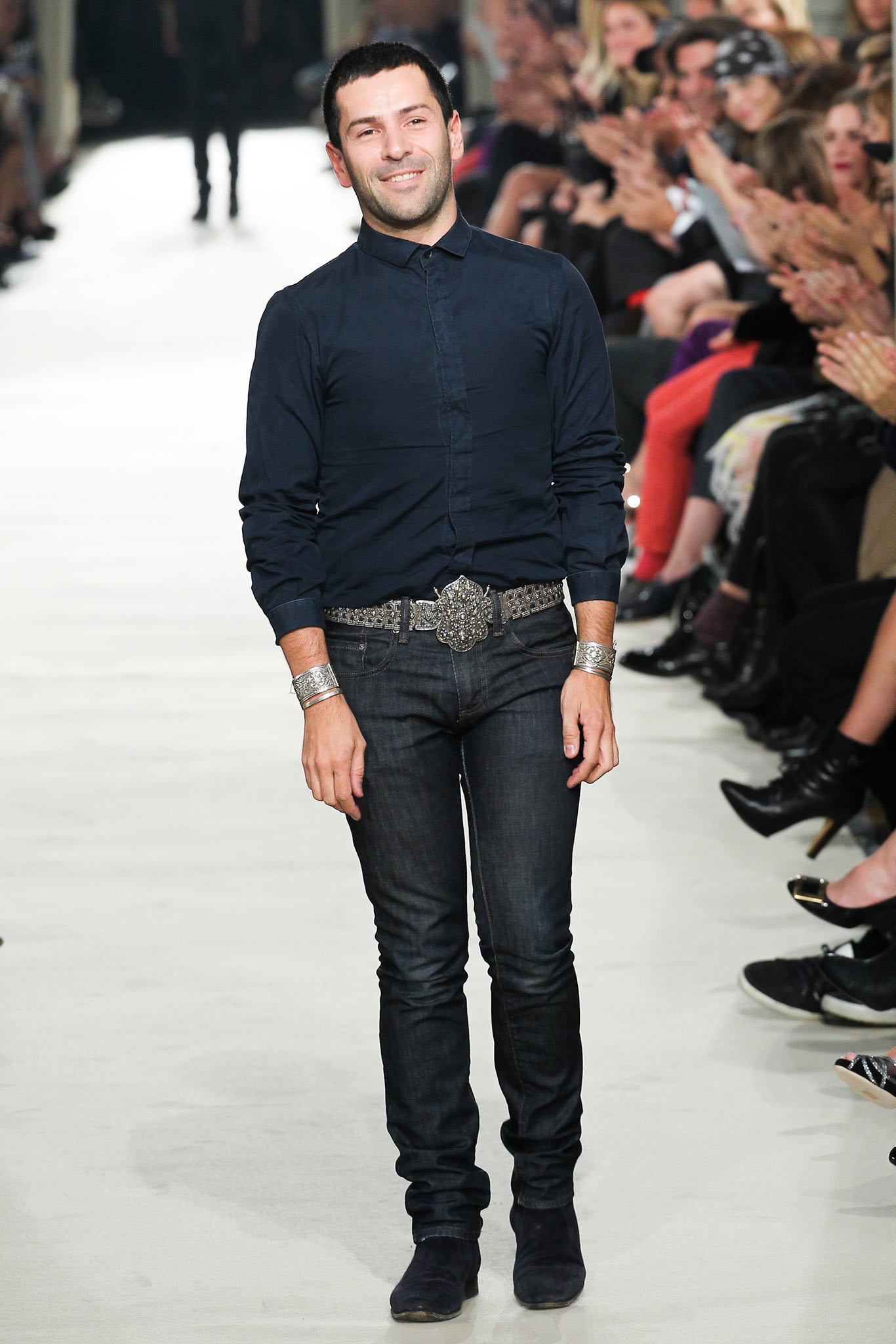blue shirt black slim pants