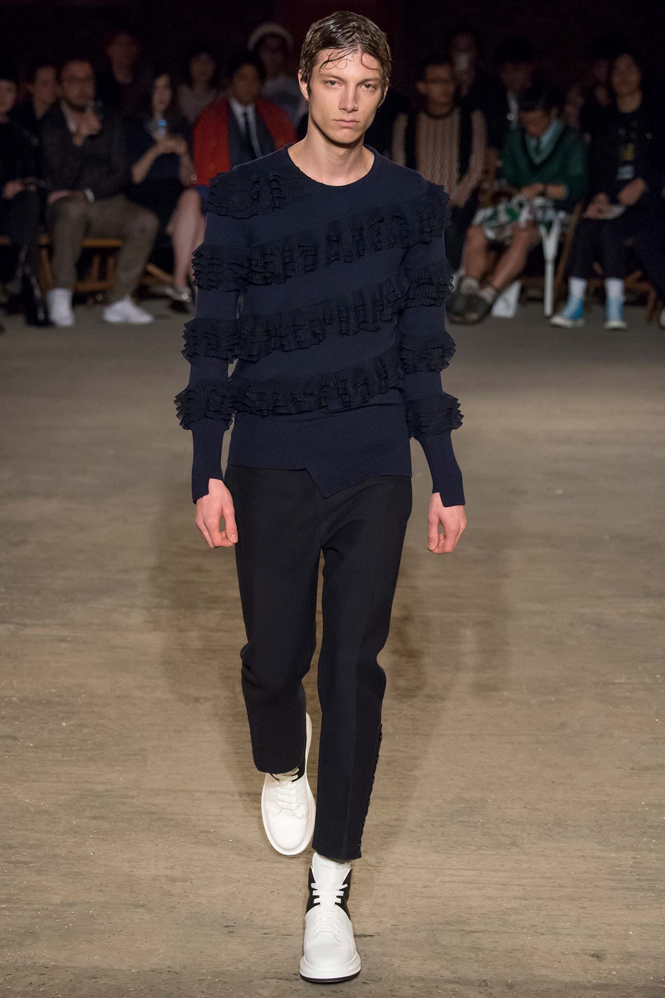 blue cotton long-sleeve collared fitted ruffled sweater