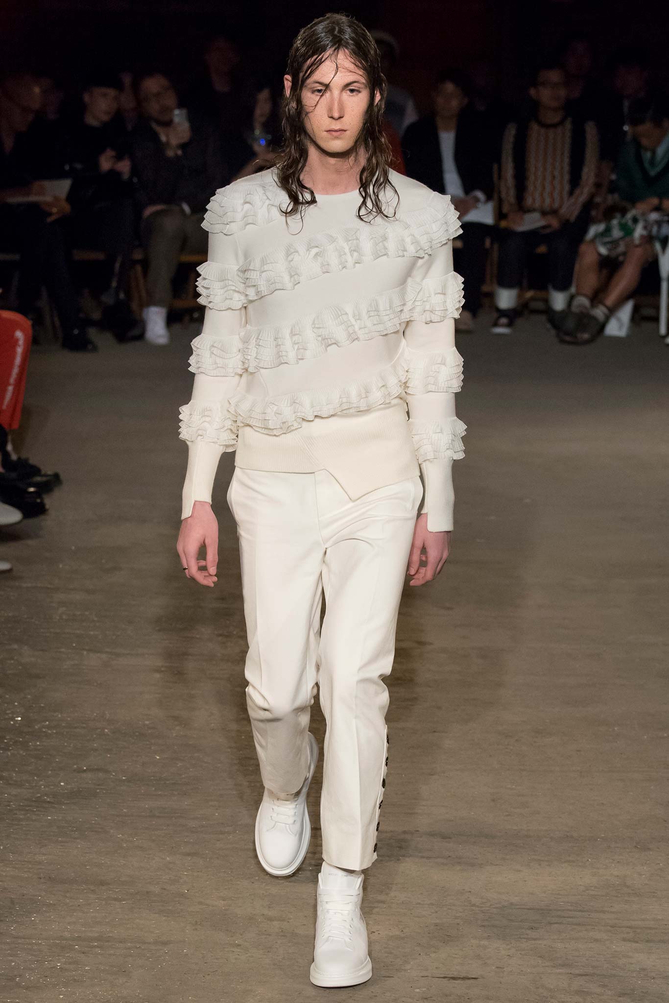 white cotton long-sleeve collared fitted ruffled sweater