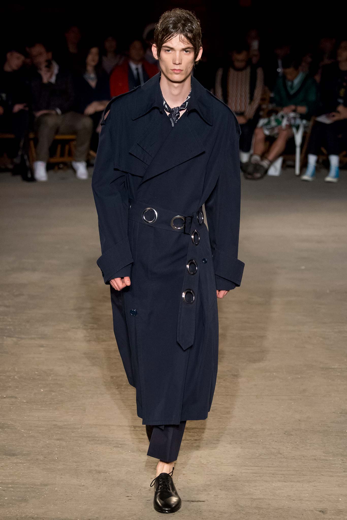 blue cotton long-sleeve collared relaxed belted trench