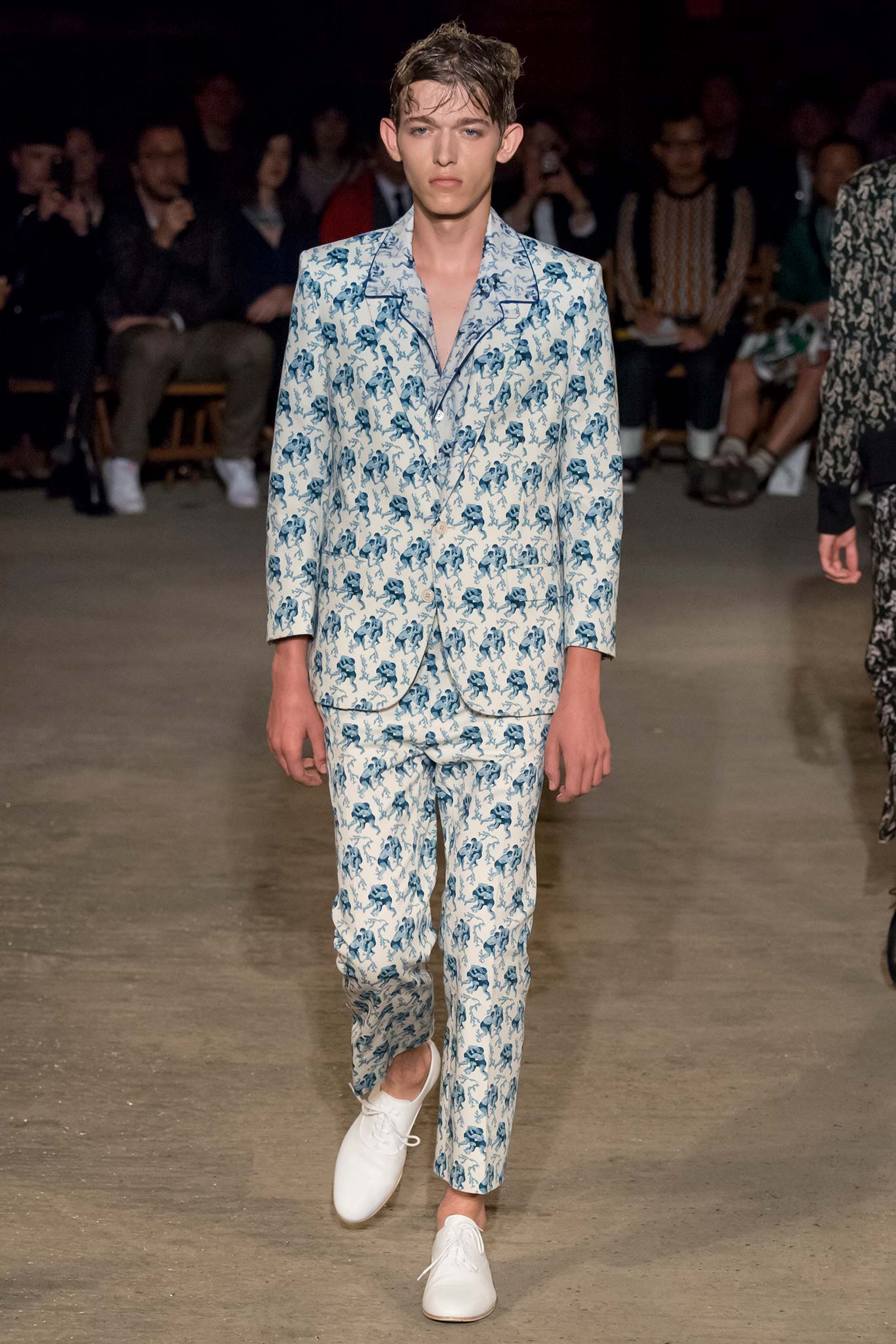 blue cotton long-sleeve collared tailored printed suit
