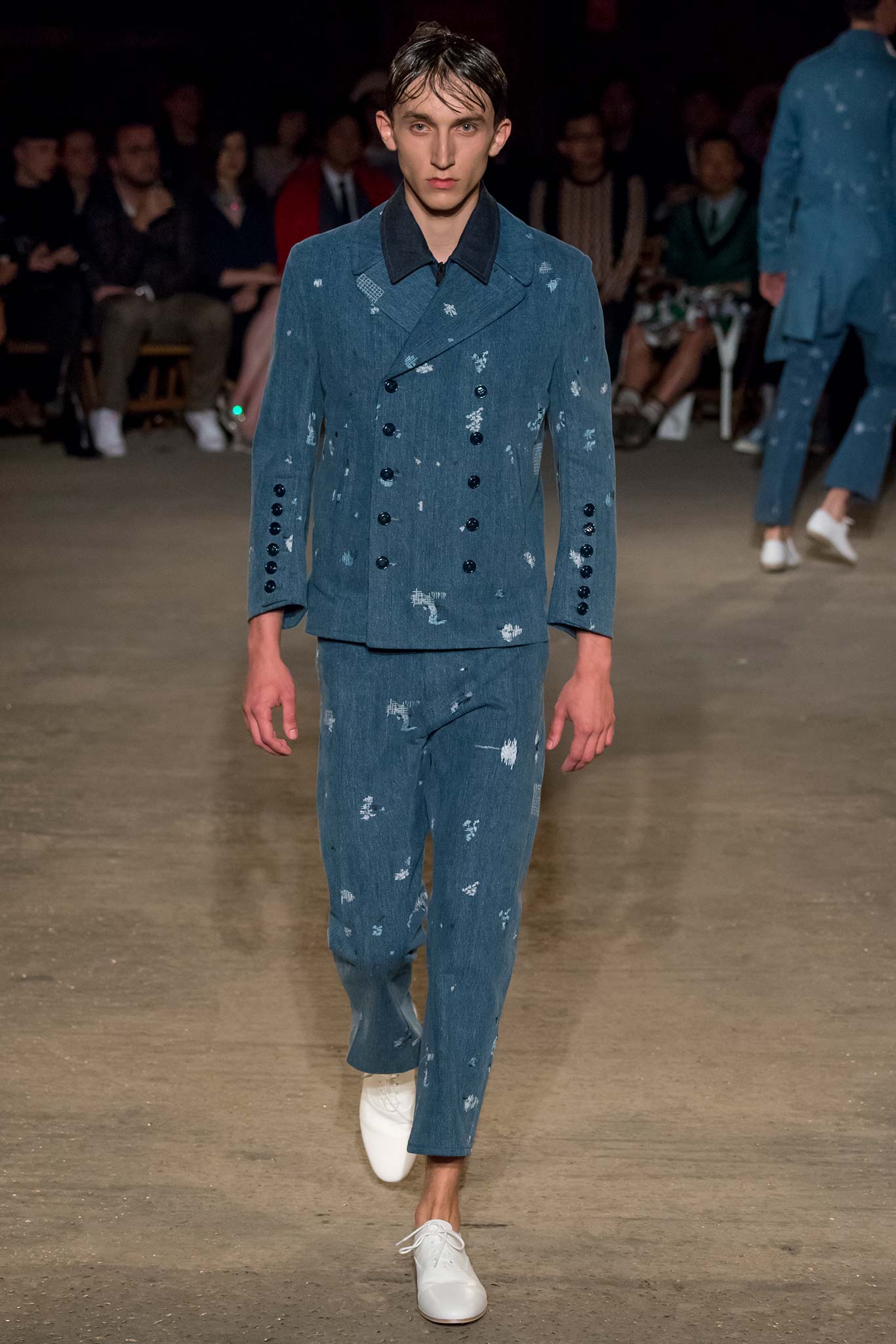 blue denim long-sleeve collared tailored buttoned distressed suit