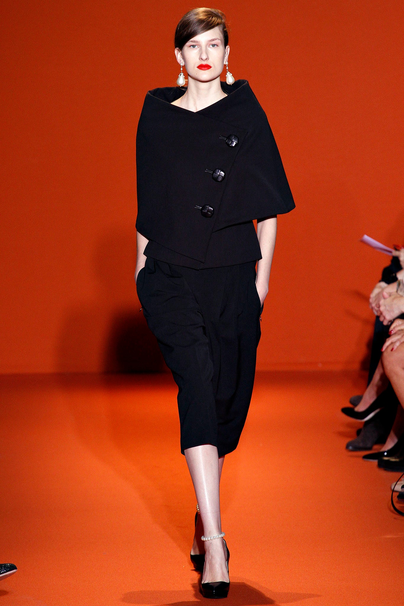 black wool long-sleeve collared structured buttoned cape