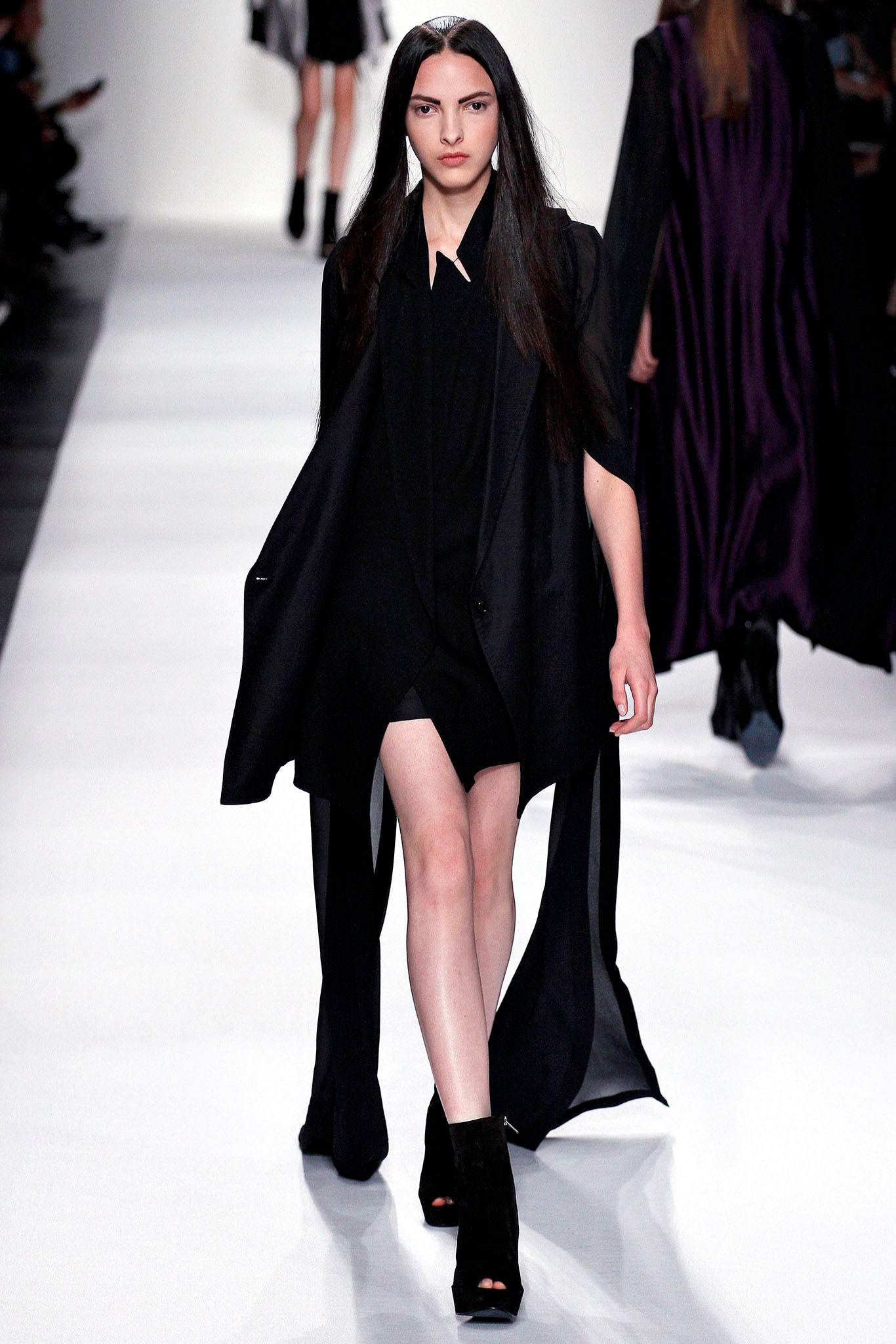 black silk long-sleeve collared relaxed draped flowing coat