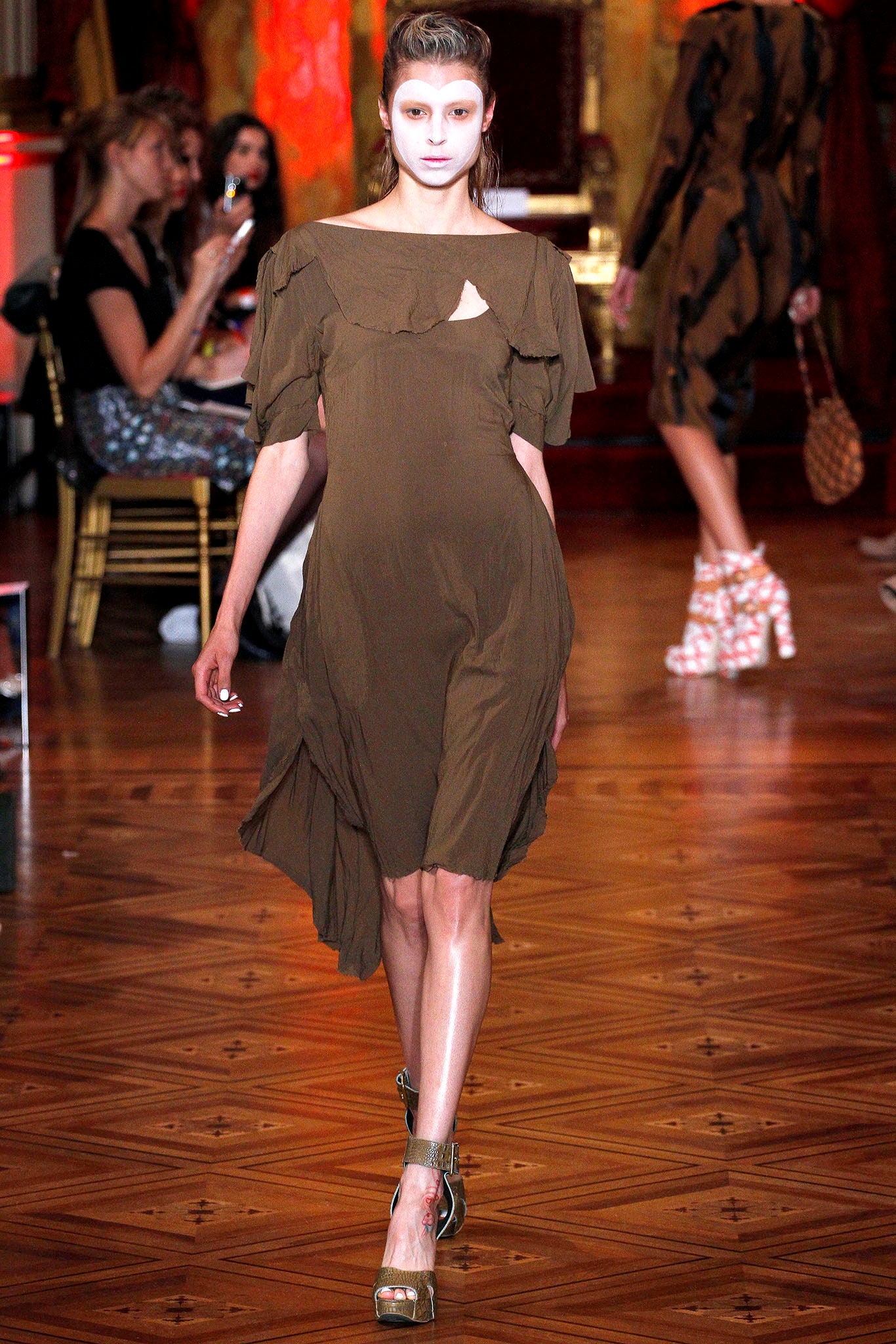 brown silk off-shoulder dress